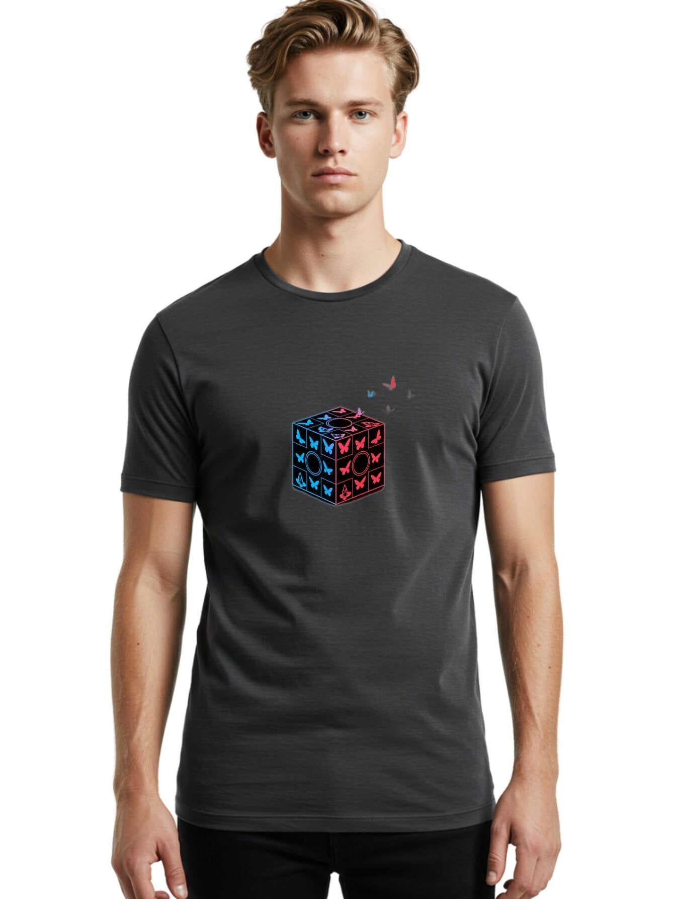Rubik-S-Cube-With-Butterflies Men'S Graphic Tee, 100% Cotton, Comfortable Casual Summer Wear, Machine Washable, Vintage Camera, Old Camera, Antique Camera, Black Camera, Classic Photography, Photography Equipment, Nostalgic Device, Bap960 18
