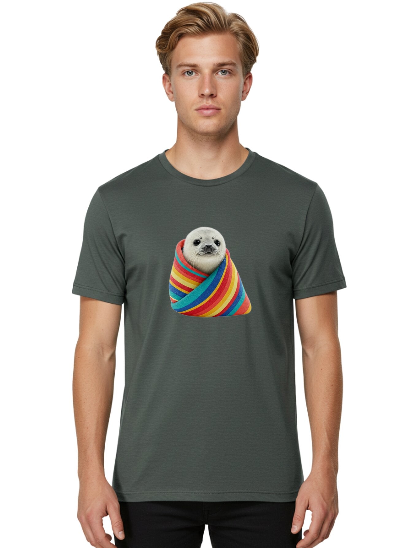 Seal-Wrapped-In-Striped-Blanket Men'S Graphic Tee, 100% Cotton, Comfortable Casual Summer Wear, Machine Washable, Vintage Camera, Old Camera, Antique Camera, Black Camera, Classic Photography, Photography Equipment, Nostalgic Device, Baq000 28