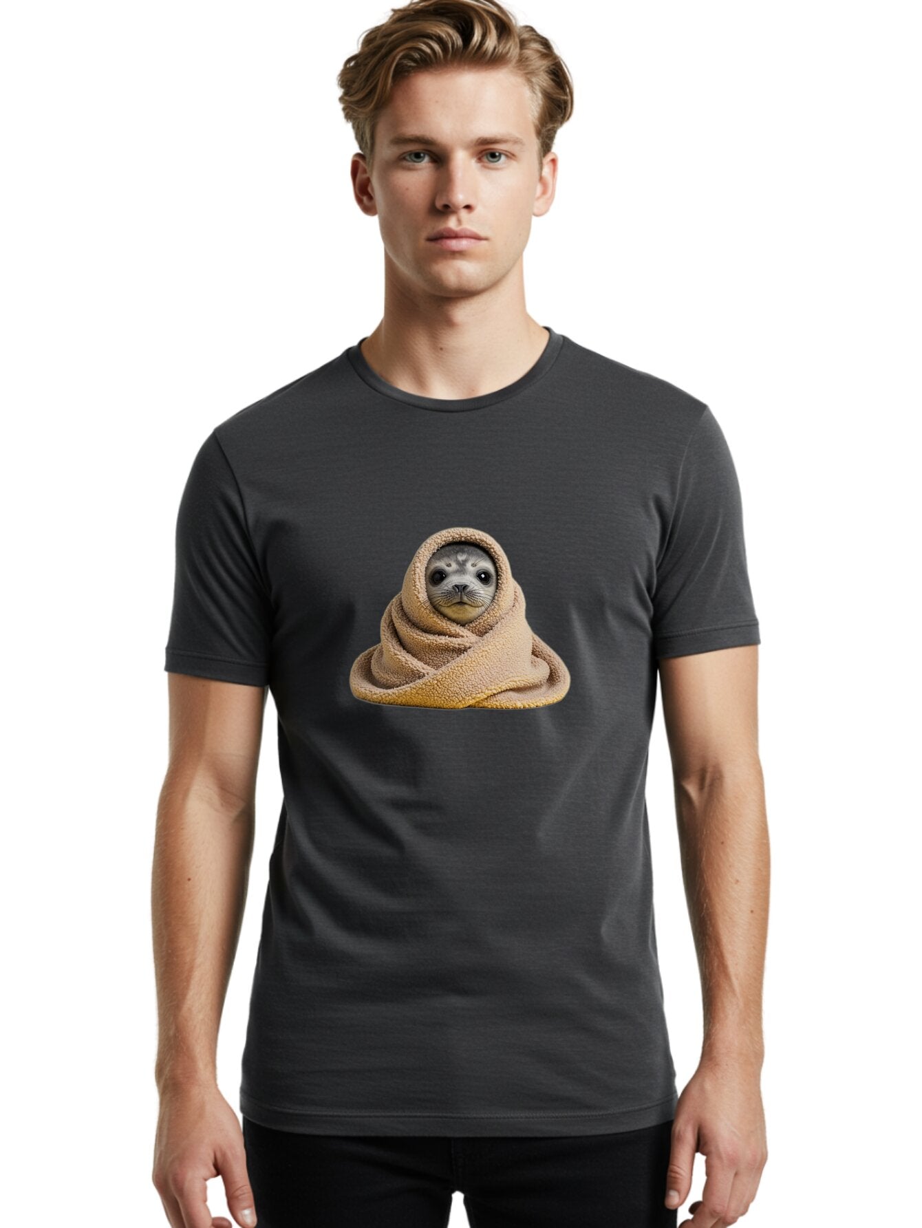Seal-Wrapped-In-Towel Men'S Graphic Tee, 100% Cotton, Comfortable Casual Summer Wear, Machine Washable, Vintage Camera, Old Camera, Antique Camera, Black Camera, Classic Photography, Photography Equipment, Nostalgic Device, Film Camera, Baq002 24