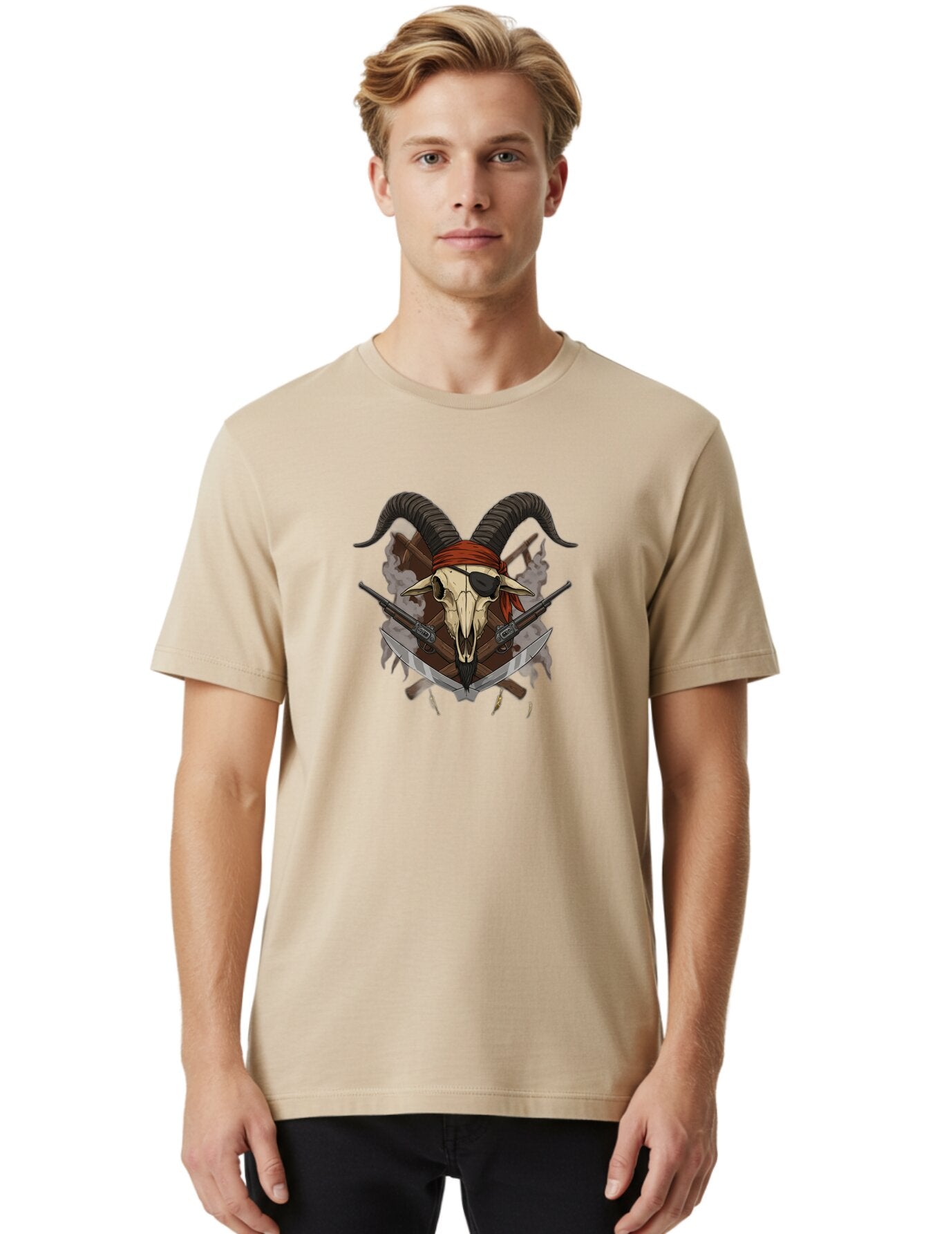 Skull-With-Horns-And-Guns Men'S Graphic Tee, 100% Cotton, Comfortable Casual Summer Wear, Machine Washable, Vintage Camera, Old Camera, Antique Camera, Black Camera, Classic Photography, Photography Equipment, Nostalgic Device, Film Camera, Baq017 17