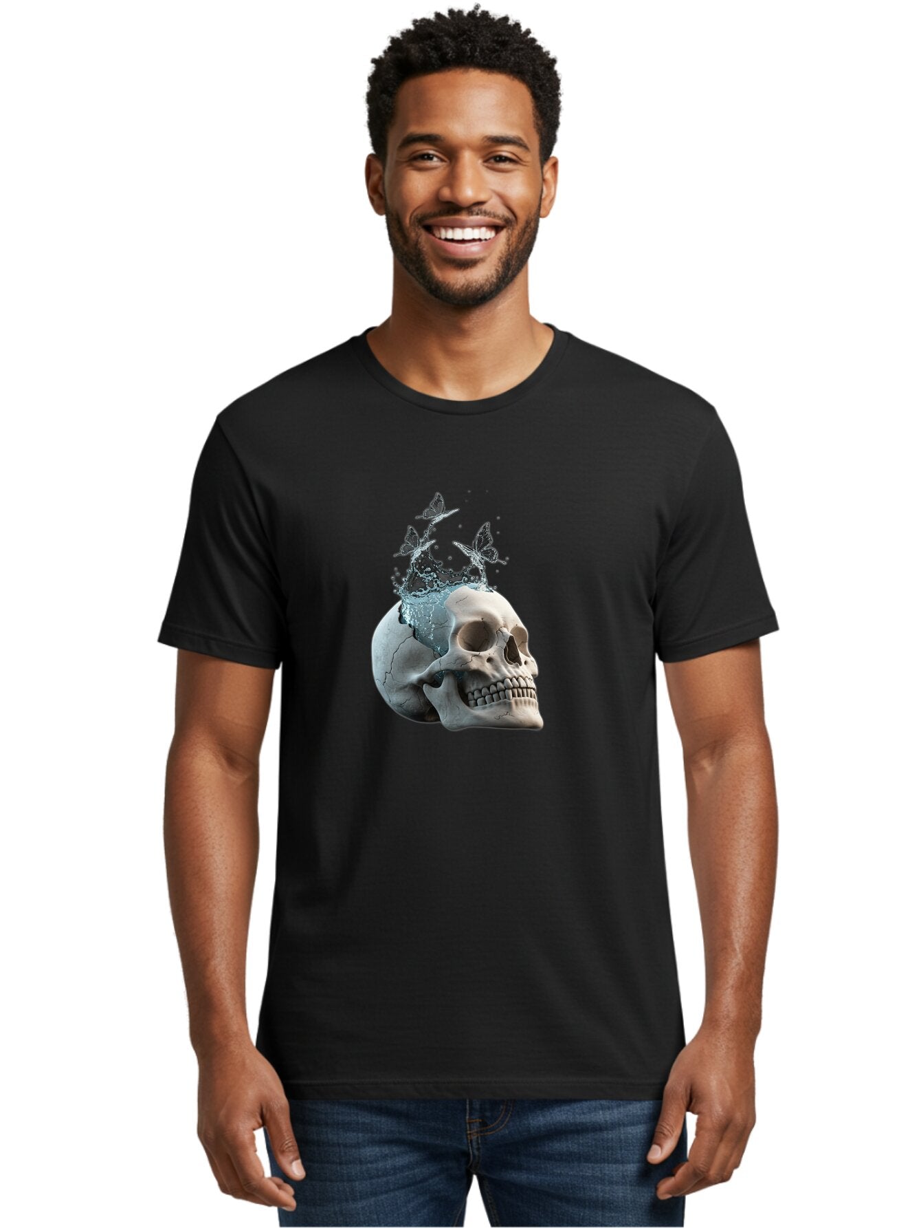 Skull-With-Splashing-Water-And-Butterflies Men'S Graphic Tee, 100% Cotton, Comfortable Casual Summer Wear, Machine Washable, Vintage Camera, Old Camera, Antique Camera, Black Camera, Classic Photography, Photography Equipment, Baq018 23