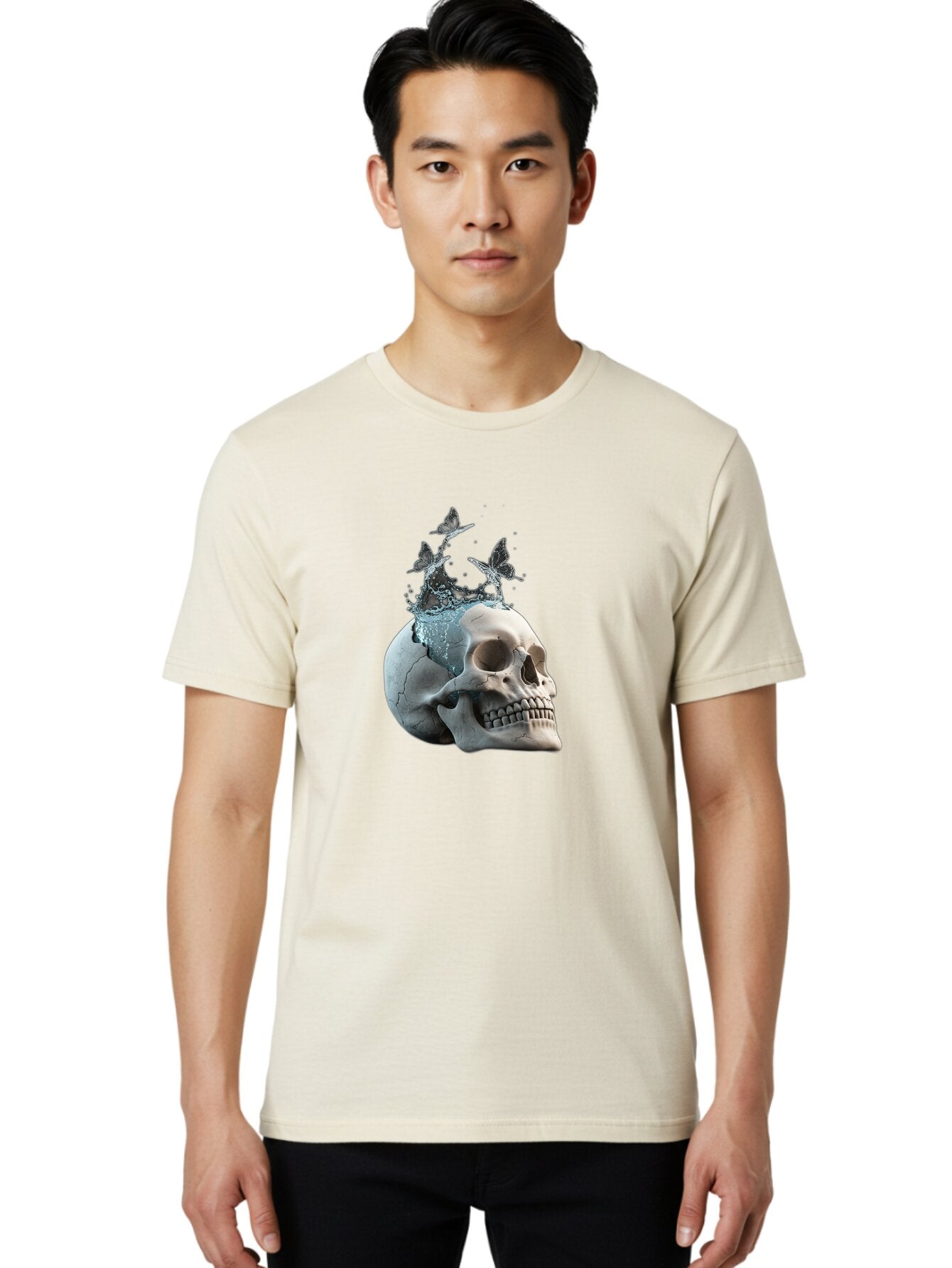 Skull-With-Splashing-Water-And-Butterflies Men'S Graphic Tee, 100% Cotton, Comfortable Casual Summer Wear, Machine Washable, Vintage Camera, Old Camera, Antique Camera, Black Camera, Classic Photography, Photography Equipment, Baq018 17