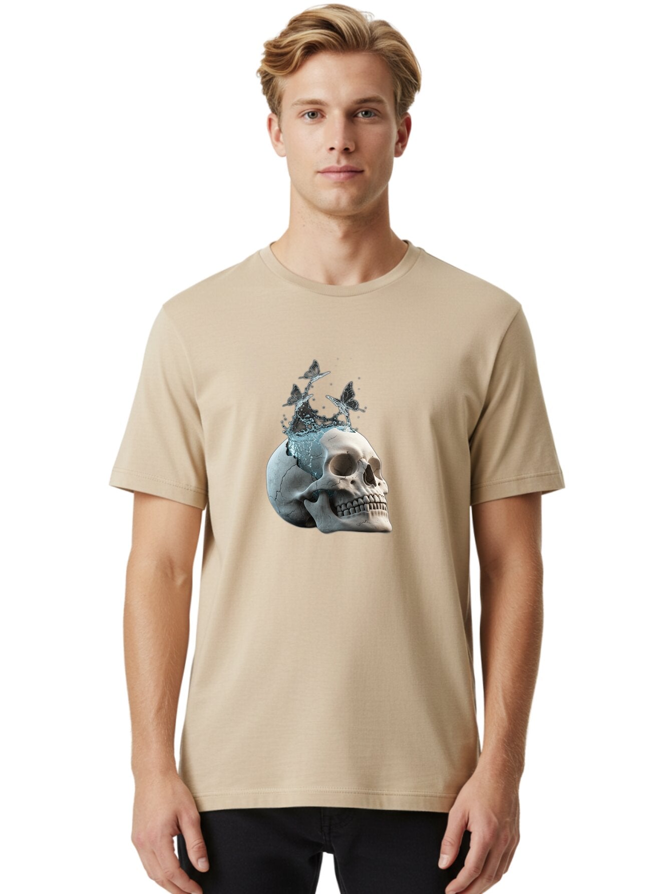 Skull-With-Splashing-Water-And-Butterflies Men'S Graphic Tee, 100% Cotton, Comfortable Casual Summer Wear, Machine Washable, Vintage Camera, Old Camera, Antique Camera, Black Camera, Classic Photography, Photography Equipment, Baq018 27