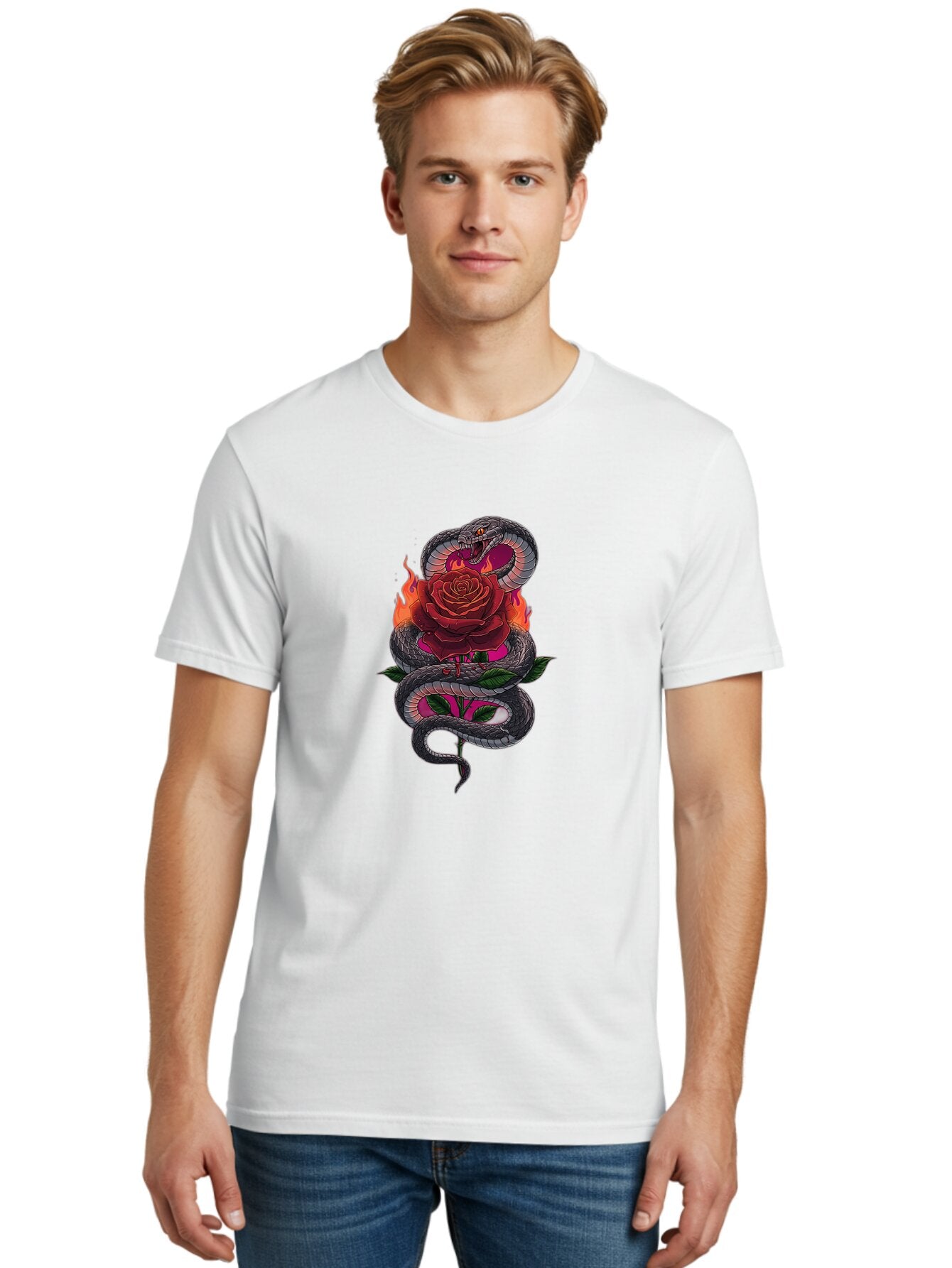 Snake-Rose-2 Men'S Graphic Tee, 100% Cotton, Comfortable Casual Summer Wear, Machine Washable, Vintage Camera, Old Camera, Antique Camera, Black Camera, Classic Photography, Photography Equipment, Nostalgic Device, Film Camera, Camera Art Baq038 25
