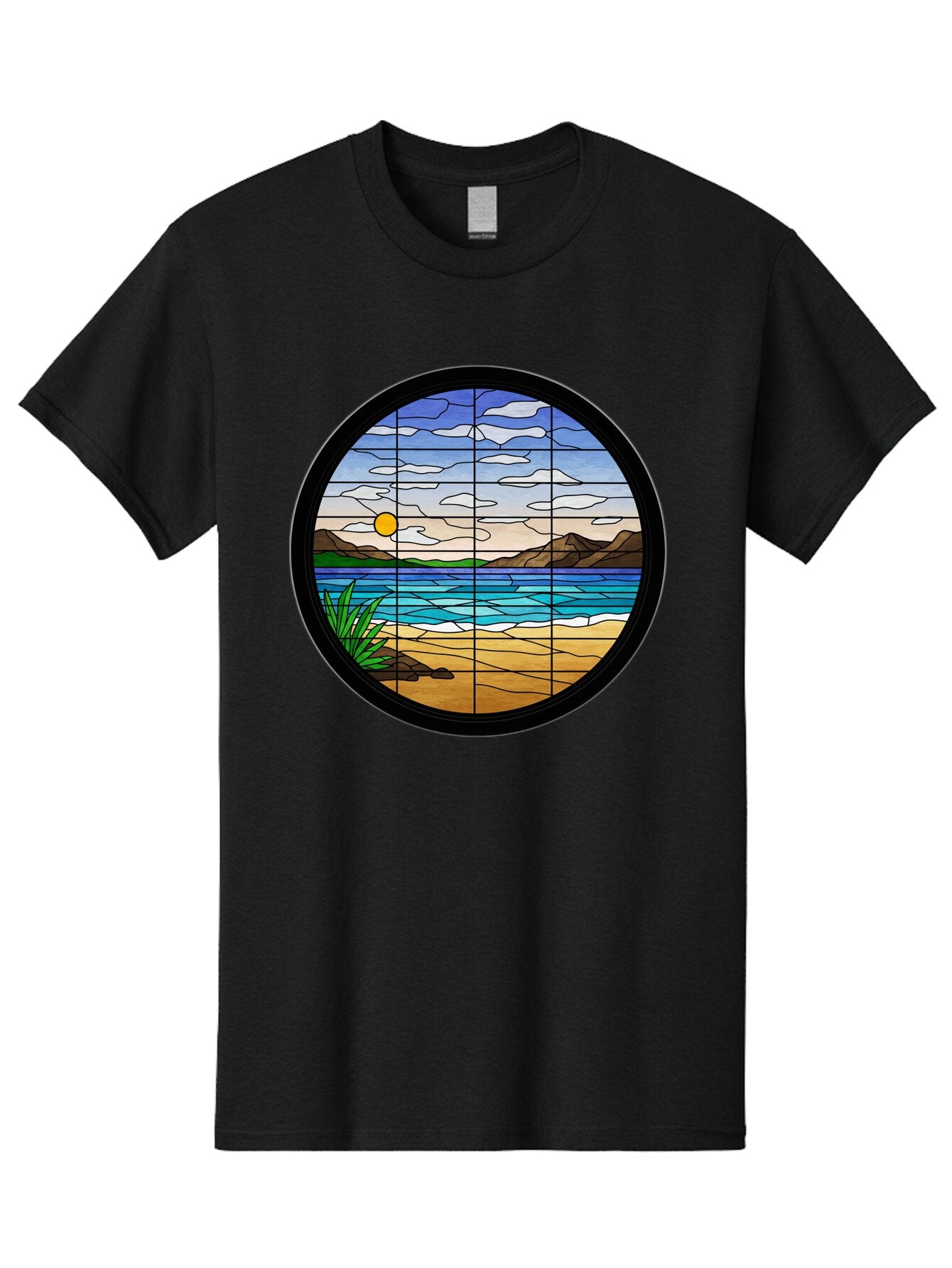 Stained-Glass-Beach-Scene Men'S Graphic Tee, 100% Cotton, Comfortable Casual Summer Wear, Machine Washable, Vintage Camera, Old Camera, Antique Camera, Black Camera, Classic Photography, Photography Equipment, Nostalgic Device, Film Camera, Baq055 5