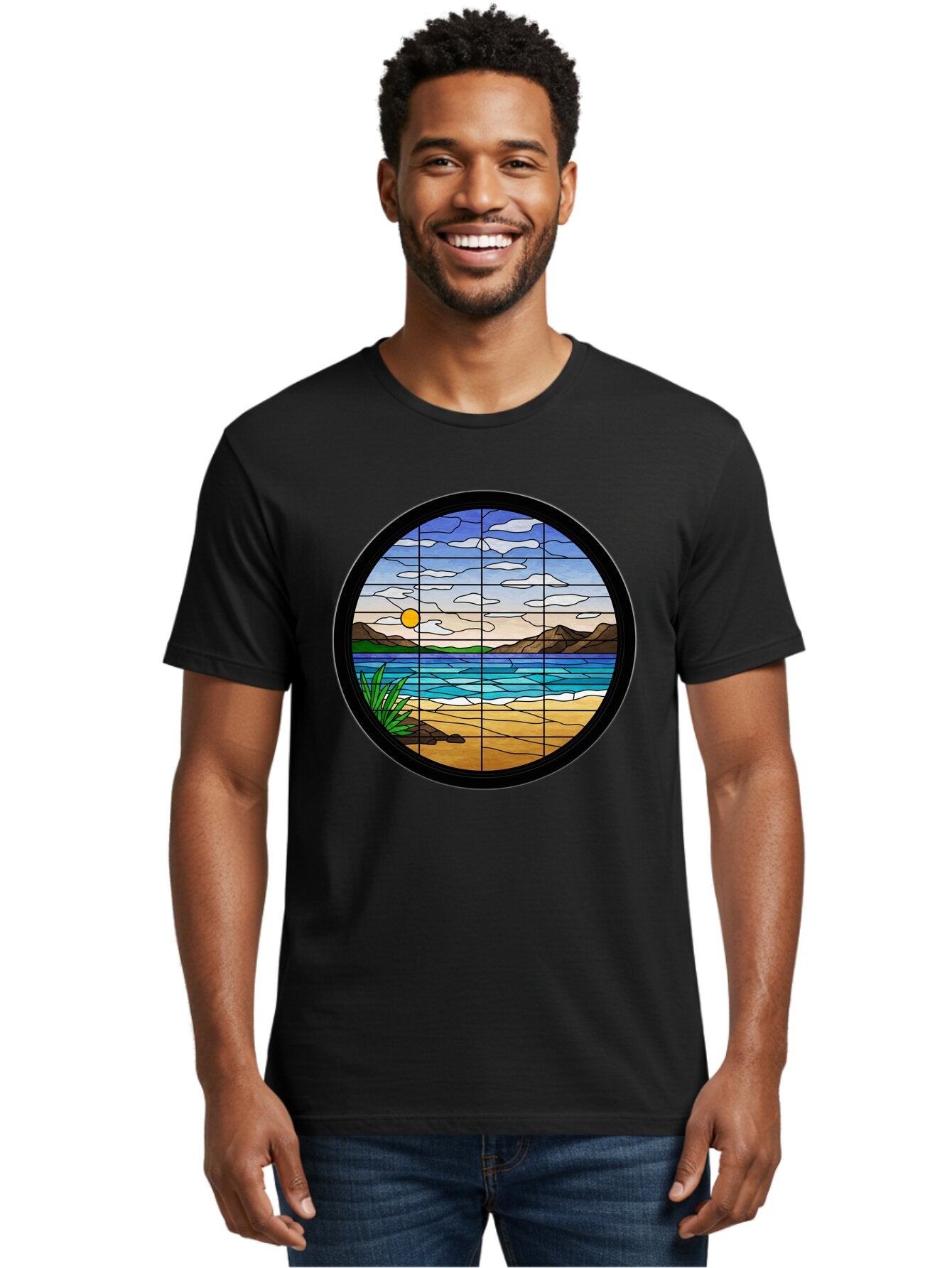 Stained-Glass-Beach-Scene Men'S Graphic Tee, 100% Cotton, Comfortable Casual Summer Wear, Machine Washable, Vintage Camera, Old Camera, Antique Camera, Black Camera, Classic Photography, Photography Equipment, Nostalgic Device, Film Camera, Baq055 23