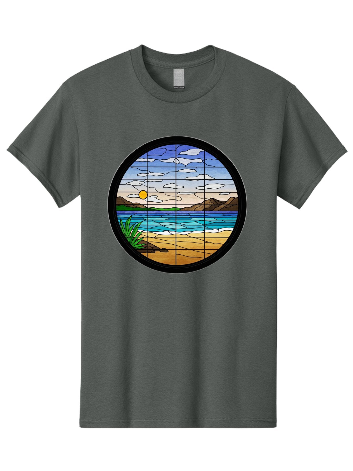 Stained-Glass-Beach-Scene Men'S Graphic Tee, 100% Cotton, Comfortable Casual Summer Wear, Machine Washable, Vintage Camera, Old Camera, Antique Camera, Black Camera, Classic Photography, Photography Equipment, Nostalgic Device, Film Camera, Baq055 12