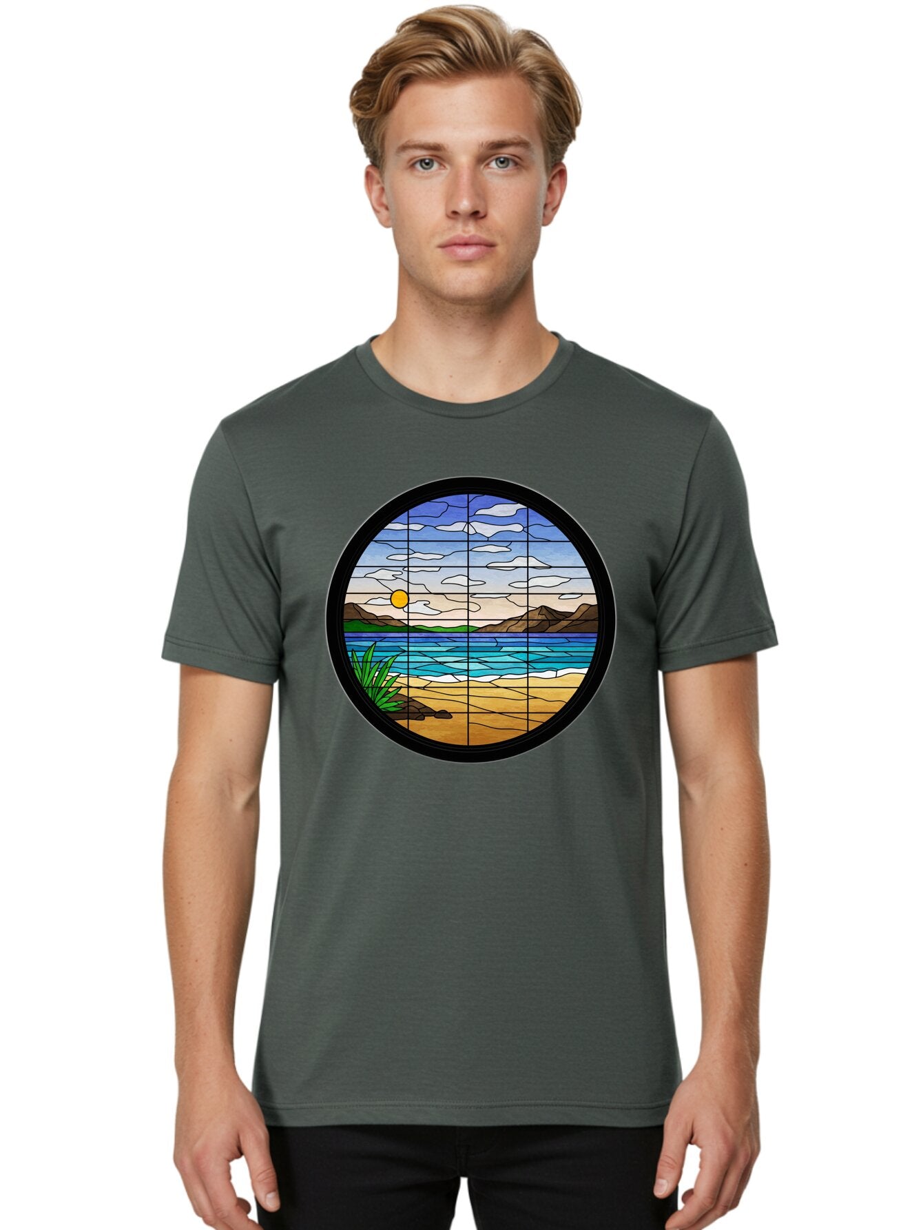 Stained-Glass-Beach-Scene Men'S Graphic Tee, 100% Cotton, Comfortable Casual Summer Wear, Machine Washable, Vintage Camera, Old Camera, Antique Camera, Black Camera, Classic Photography, Photography Equipment, Nostalgic Device, Film Camera, Baq055 28