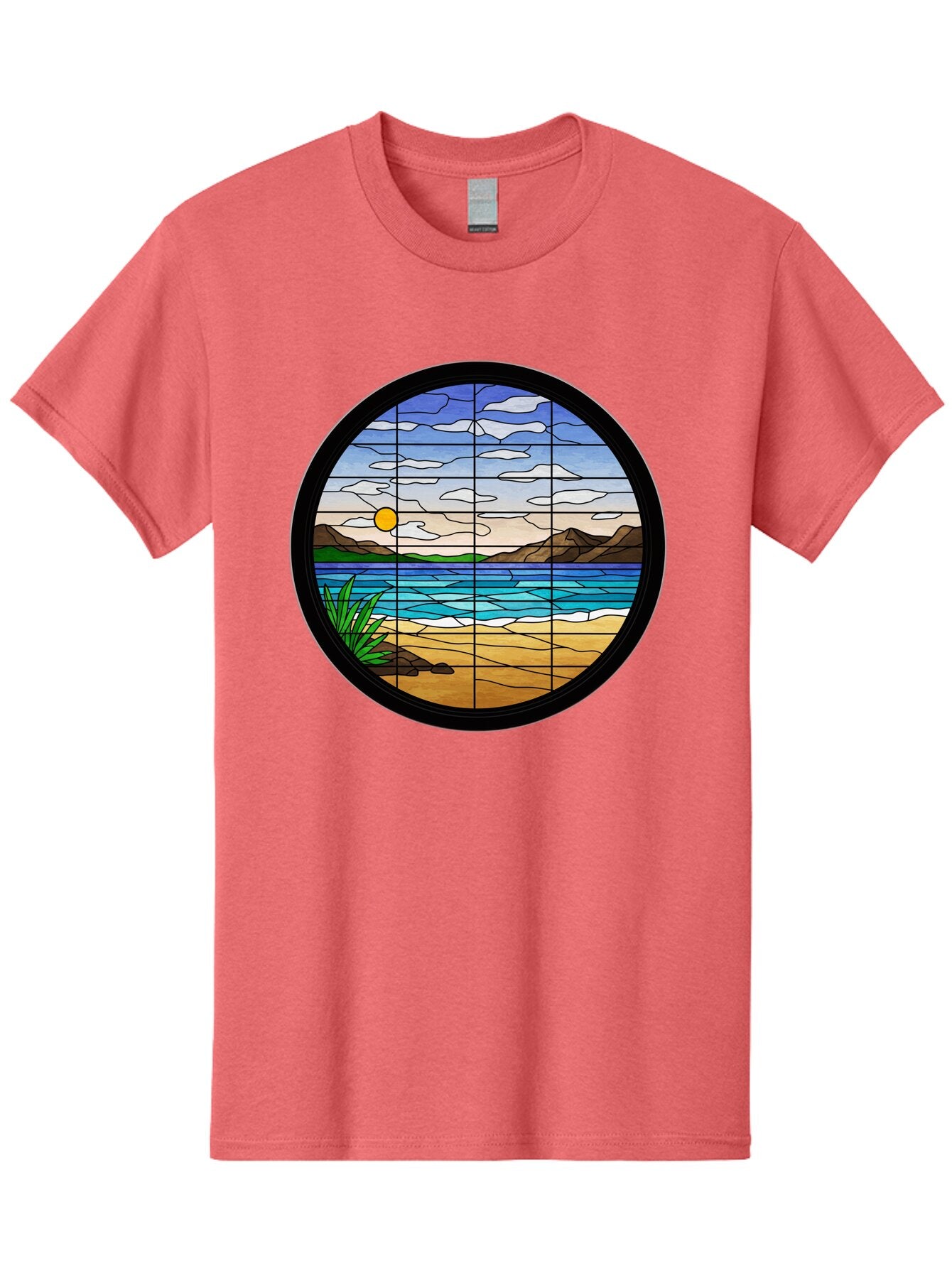 Stained-Glass-Beach-Scene Men'S Graphic Tee, 100% Cotton, Comfortable Casual Summer Wear, Machine Washable, Vintage Camera, Old Camera, Antique Camera, Black Camera, Classic Photography, Photography Equipment, Nostalgic Device, Film Camera, Baq055 1