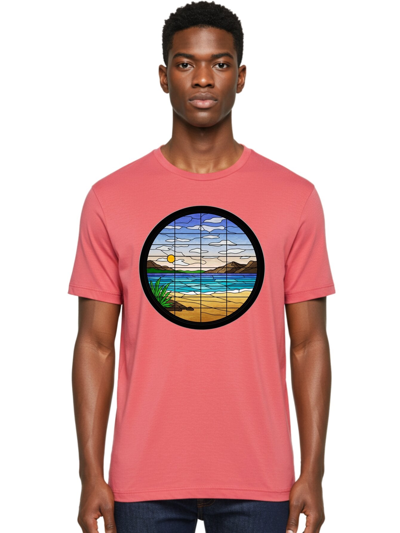Stained-Glass-Beach-Scene Men'S Graphic Tee, 100% Cotton, Comfortable Casual Summer Wear, Machine Washable, Vintage Camera, Old Camera, Antique Camera, Black Camera, Classic Photography, Photography Equipment, Nostalgic Device, Film Camera, Baq055 19