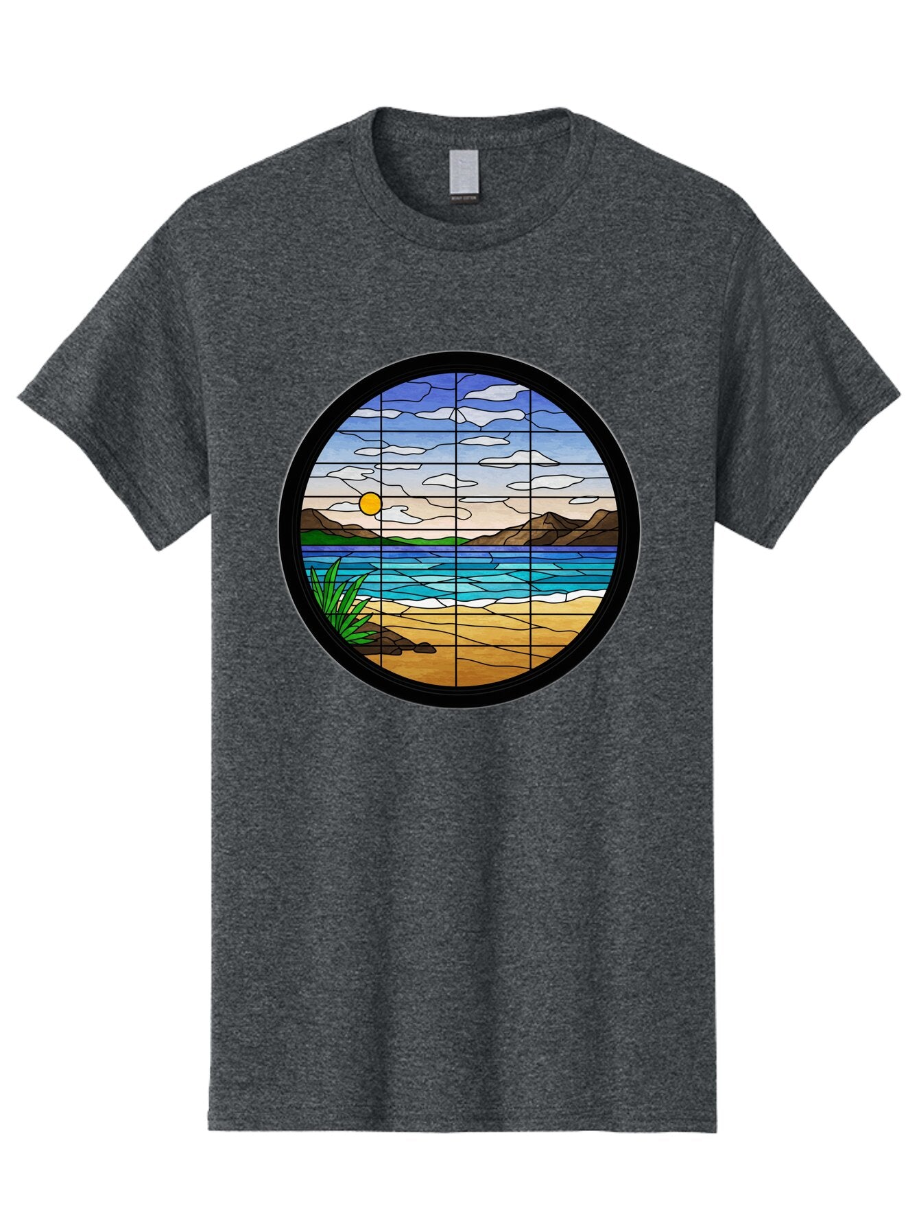 Stained-Glass-Beach-Scene Men'S Graphic Tee, 100% Cotton, Comfortable Casual Summer Wear, Machine Washable, Vintage Camera, Old Camera, Antique Camera, Black Camera, Classic Photography, Photography Equipment, Nostalgic Device, Film Camera, Baq055 3