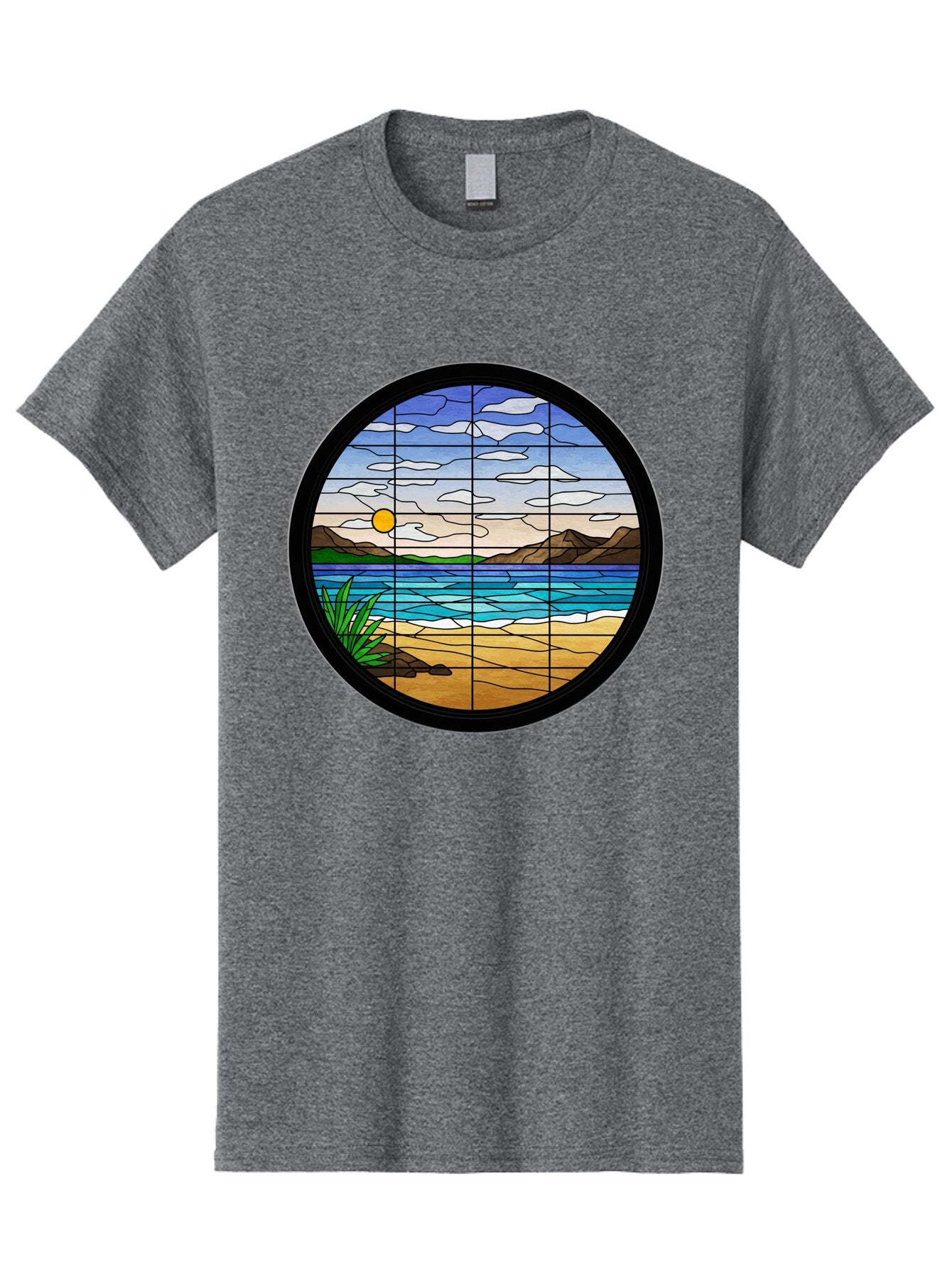 Stained-Glass-Beach-Scene Men'S Graphic Tee, 100% Cotton, Comfortable Casual Summer Wear, Machine Washable, Vintage Camera, Old Camera, Antique Camera, Black Camera, Classic Photography, Photography Equipment, Nostalgic Device, Film Camera, Baq055 13