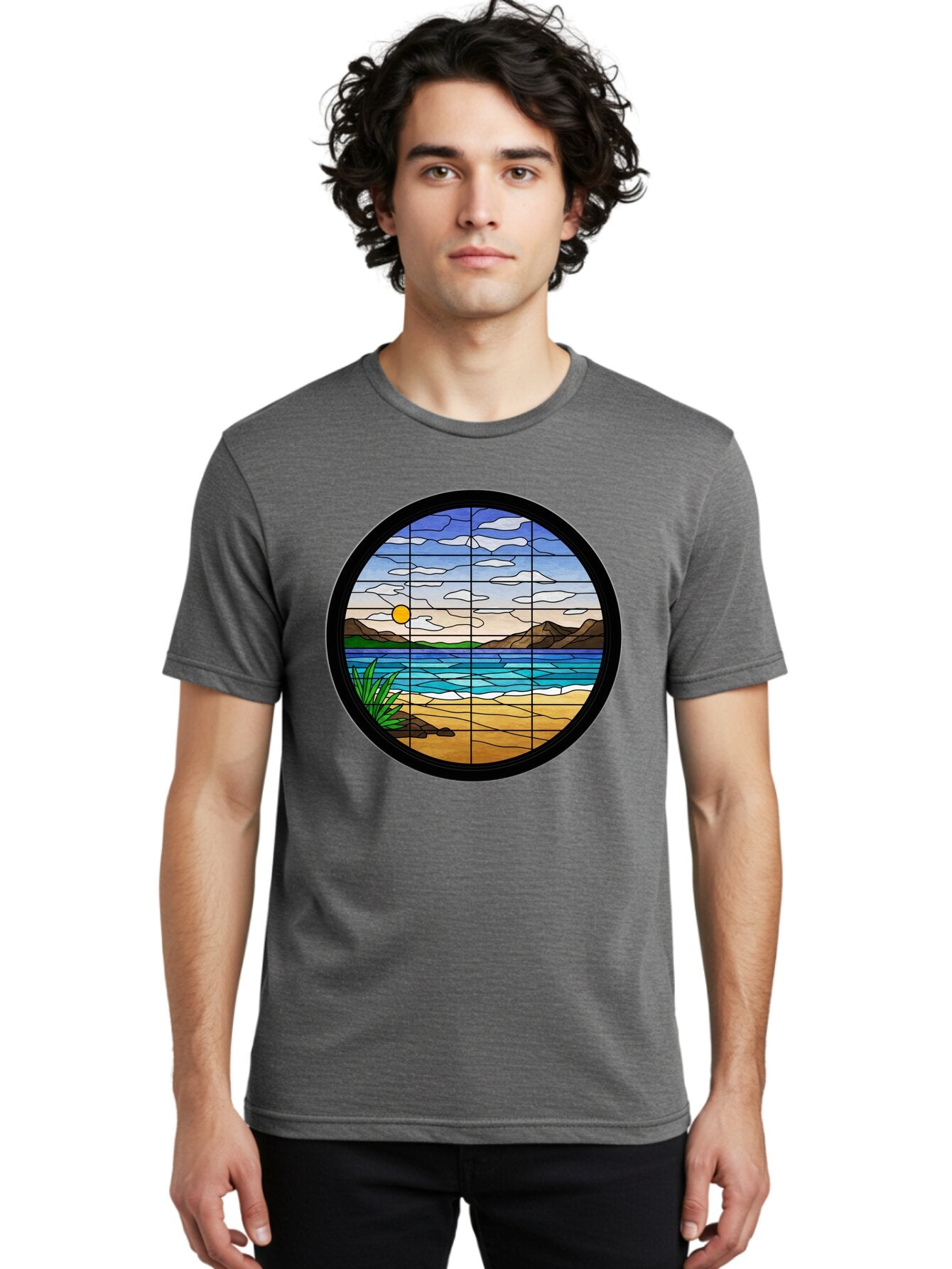 Stained-Glass-Beach-Scene Men'S Graphic Tee, 100% Cotton, Comfortable Casual Summer Wear, Machine Washable, Vintage Camera, Old Camera, Antique Camera, Black Camera, Classic Photography, Photography Equipment, Nostalgic Device, Film Camera, Baq055 20