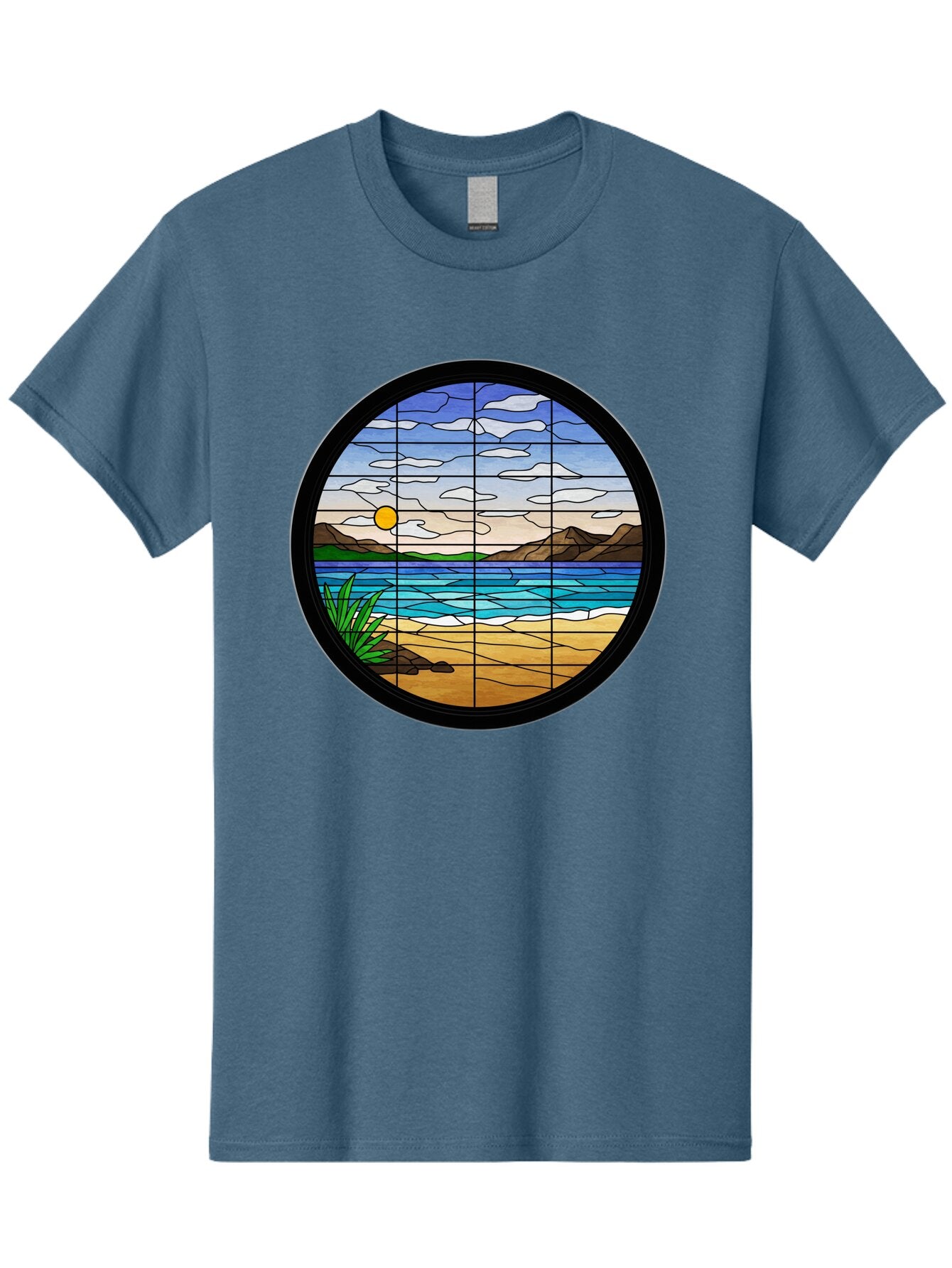 Stained-Glass-Beach-Scene Men'S Graphic Tee, 100% Cotton, Comfortable Casual Summer Wear, Machine Washable, Vintage Camera, Old Camera, Antique Camera, Black Camera, Classic Photography, Photography Equipment, Nostalgic Device, Film Camera, Baq055 14