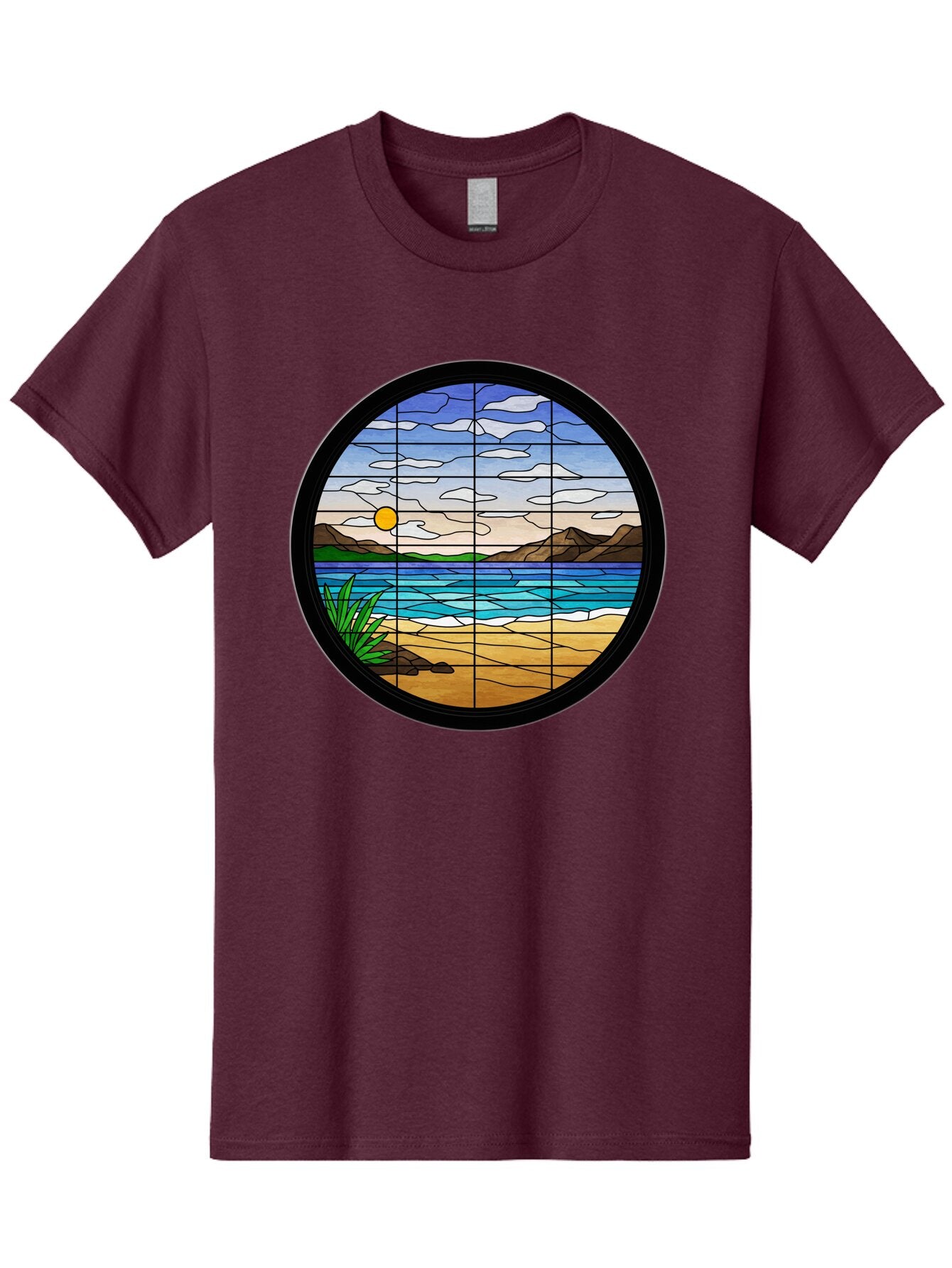 Stained-Glass-Beach-Scene Men'S Graphic Tee, 100% Cotton, Comfortable Casual Summer Wear, Machine Washable, Vintage Camera, Old Camera, Antique Camera, Black Camera, Classic Photography, Photography Equipment, Nostalgic Device, Film Camera, Baq055 8