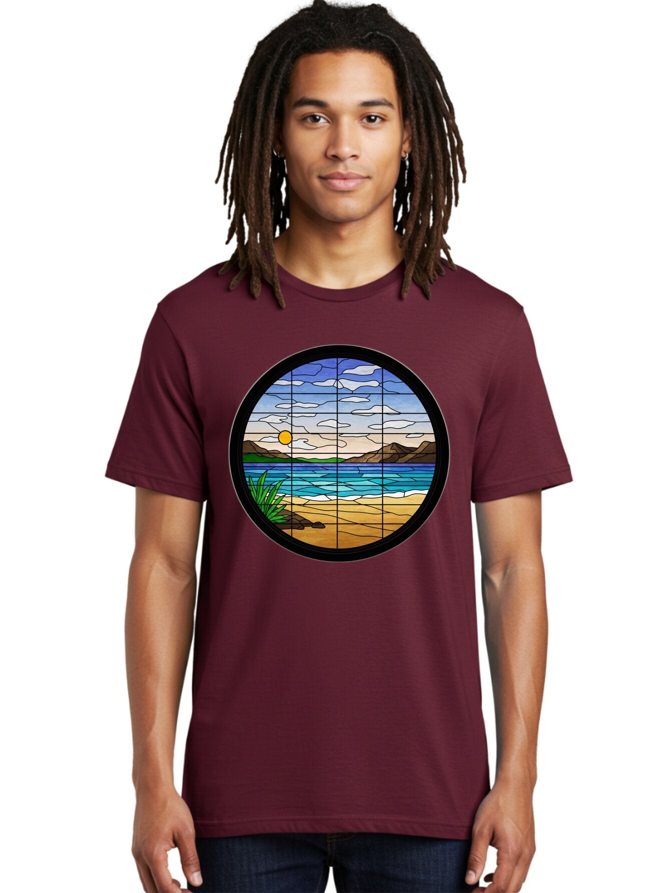 Stained-Glass-Beach-Scene Men'S Graphic Tee, 100% Cotton, Comfortable Casual Summer Wear, Machine Washable, Vintage Camera, Old Camera, Antique Camera, Black Camera, Classic Photography, Photography Equipment, Nostalgic Device, Film Camera, Baq055 25