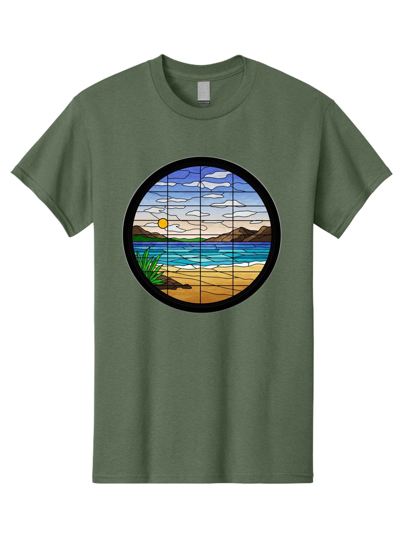Stained-Glass-Beach-Scene Men'S Graphic Tee, 100% Cotton, Comfortable Casual Summer Wear, Machine Washable, Vintage Camera, Old Camera, Antique Camera, Black Camera, Classic Photography, Photography Equipment, Nostalgic Device, Film Camera, Baq055 11