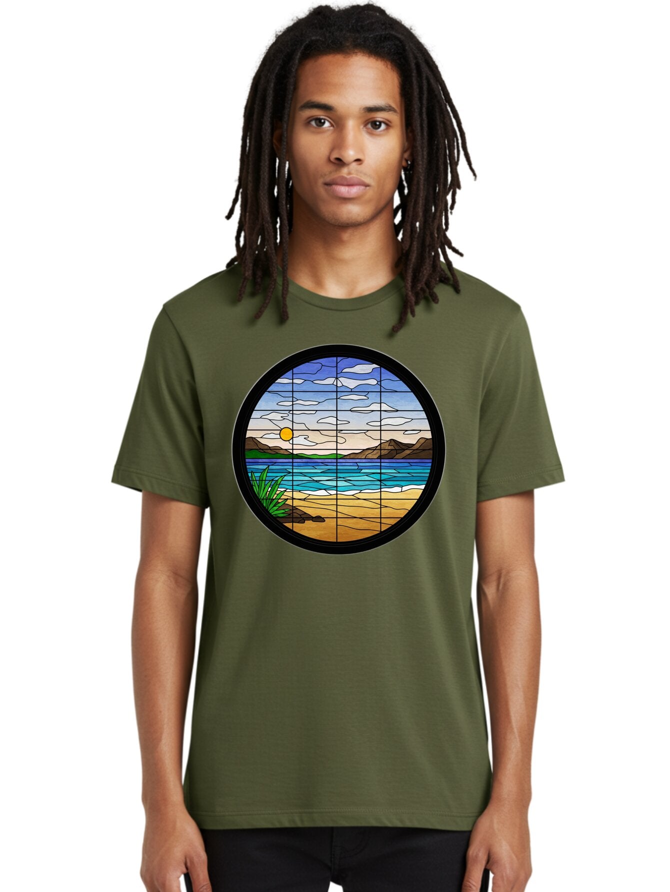 Stained-Glass-Beach-Scene Men'S Graphic Tee, 100% Cotton, Comfortable Casual Summer Wear, Machine Washable, Vintage Camera, Old Camera, Antique Camera, Black Camera, Classic Photography, Photography Equipment, Nostalgic Device, Film Camera, Baq055 27