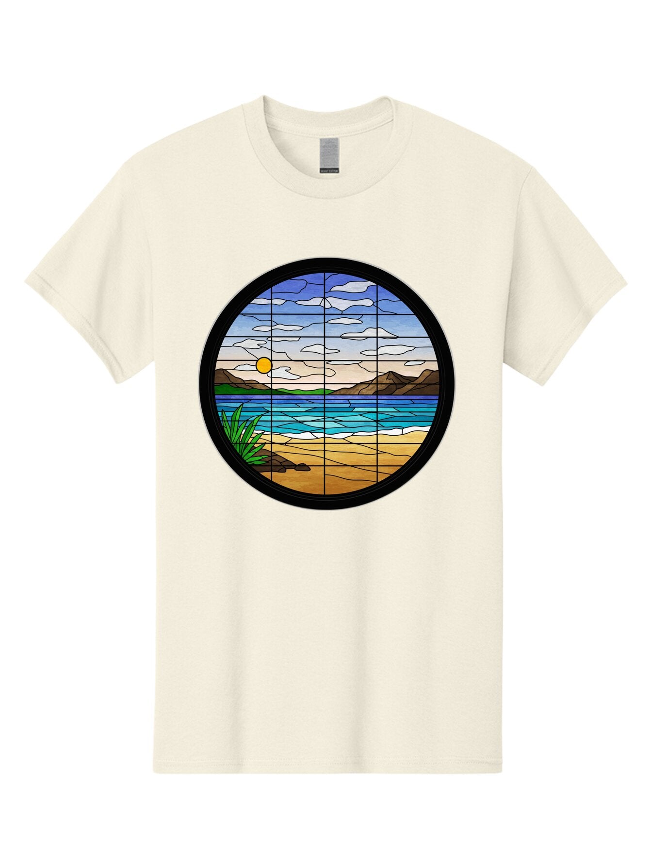 Stained-Glass-Beach-Scene Men'S Graphic Tee, 100% Cotton, Comfortable Casual Summer Wear, Machine Washable, Vintage Camera, Old Camera, Antique Camera, Black Camera, Classic Photography, Photography Equipment, Nostalgic Device, Film Camera, Baq055 10