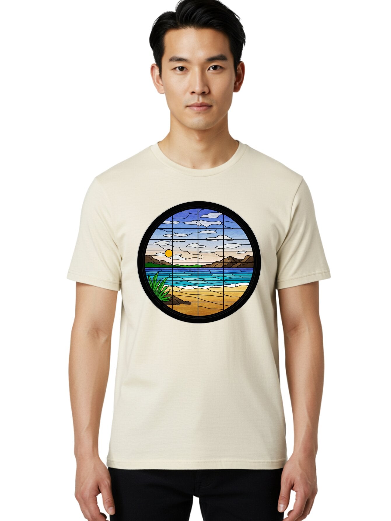 Stained-Glass-Beach-Scene Men'S Graphic Tee, 100% Cotton, Comfortable Casual Summer Wear, Machine Washable, Vintage Camera, Old Camera, Antique Camera, Black Camera, Classic Photography, Photography Equipment, Nostalgic Device, Film Camera, Baq055 17