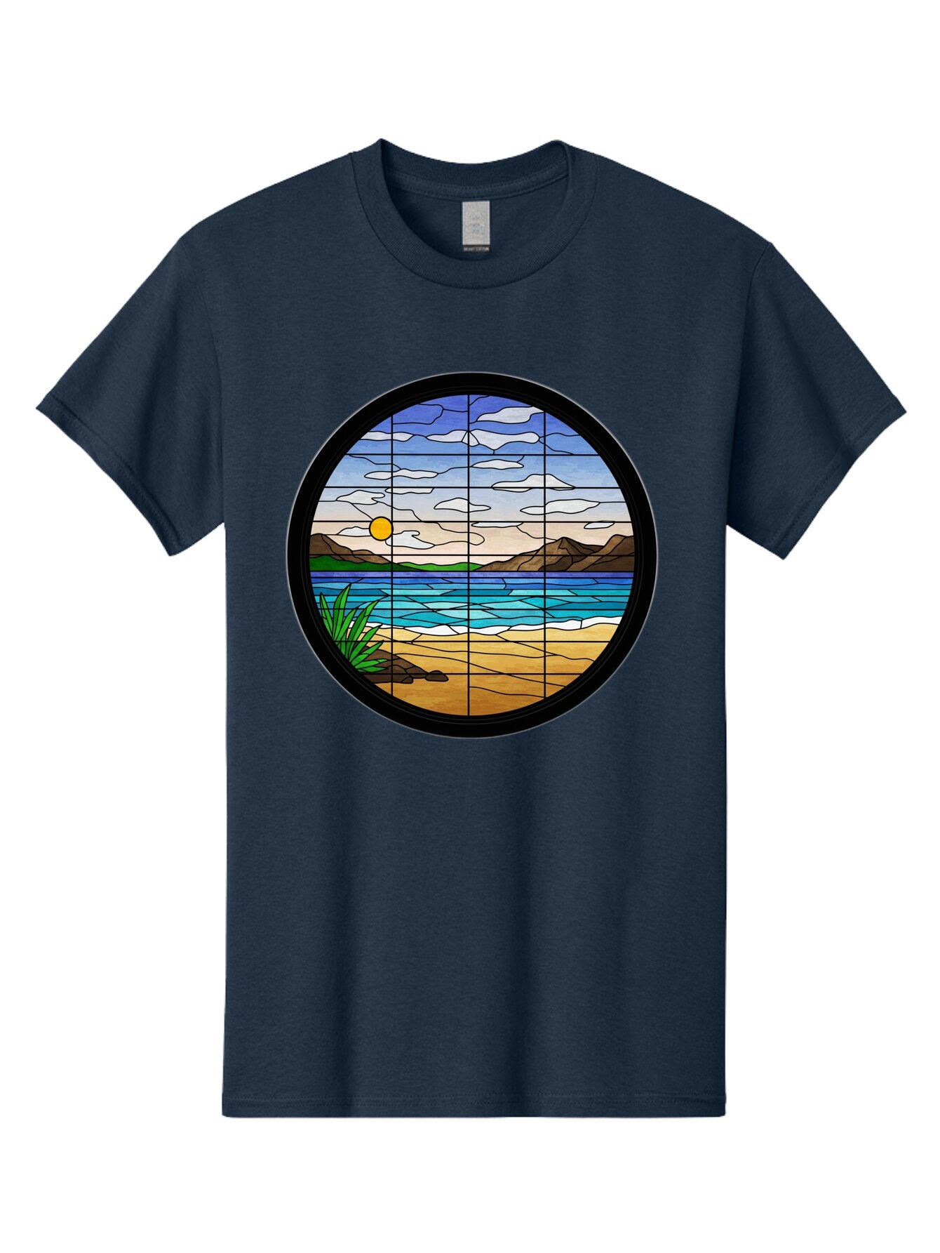 Stained-Glass-Beach-Scene Men'S Graphic Tee, 100% Cotton, Comfortable Casual Summer Wear, Machine Washable, Vintage Camera, Old Camera, Antique Camera, Black Camera, Classic Photography, Photography Equipment, Nostalgic Device, Film Camera, Baq055 9