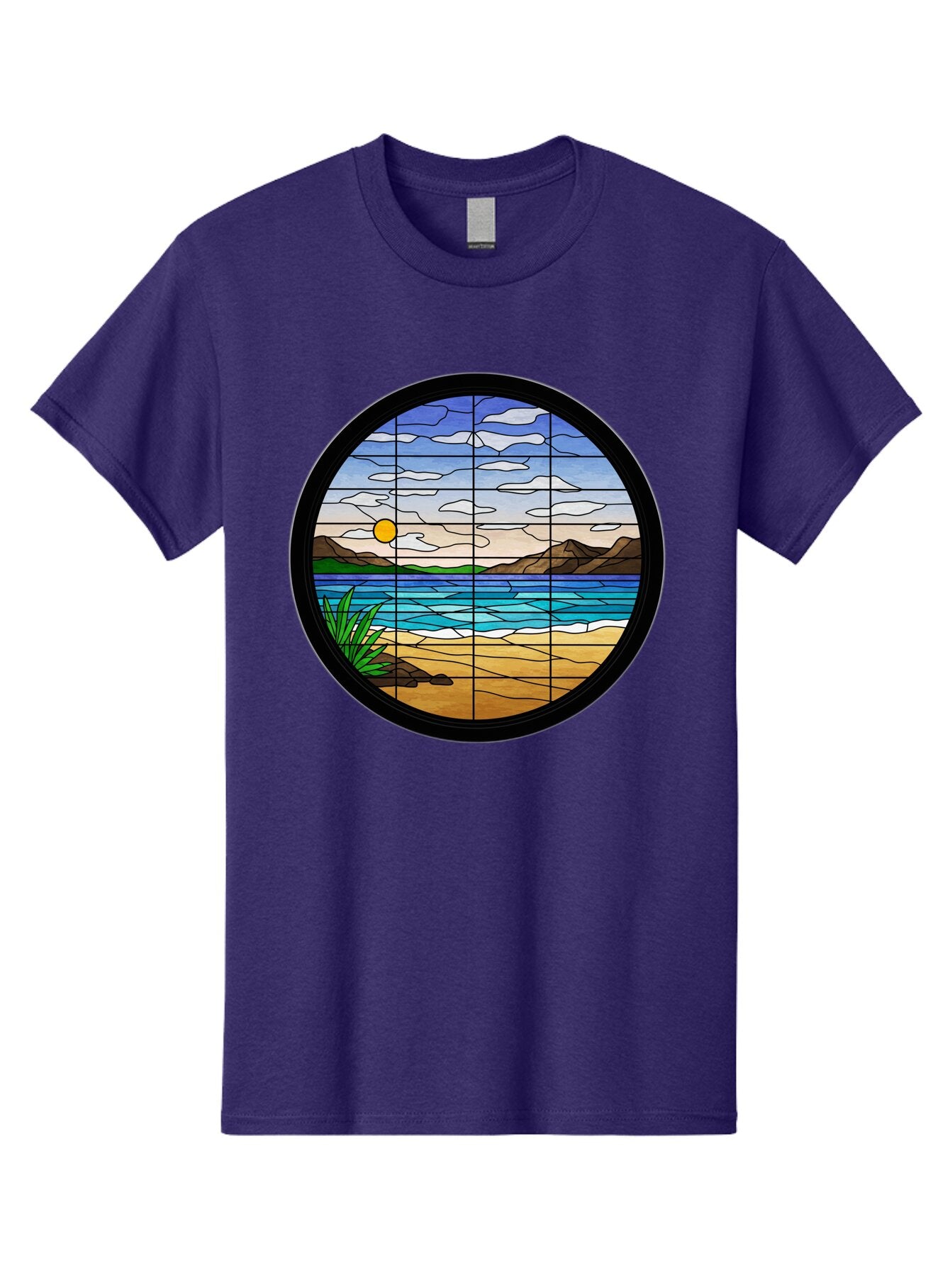 Stained-Glass-Beach-Scene Men'S Graphic Tee, 100% Cotton, Comfortable Casual Summer Wear, Machine Washable, Vintage Camera, Old Camera, Antique Camera, Black Camera, Classic Photography, Photography Equipment, Nostalgic Device, Film Camera, Baq055 6