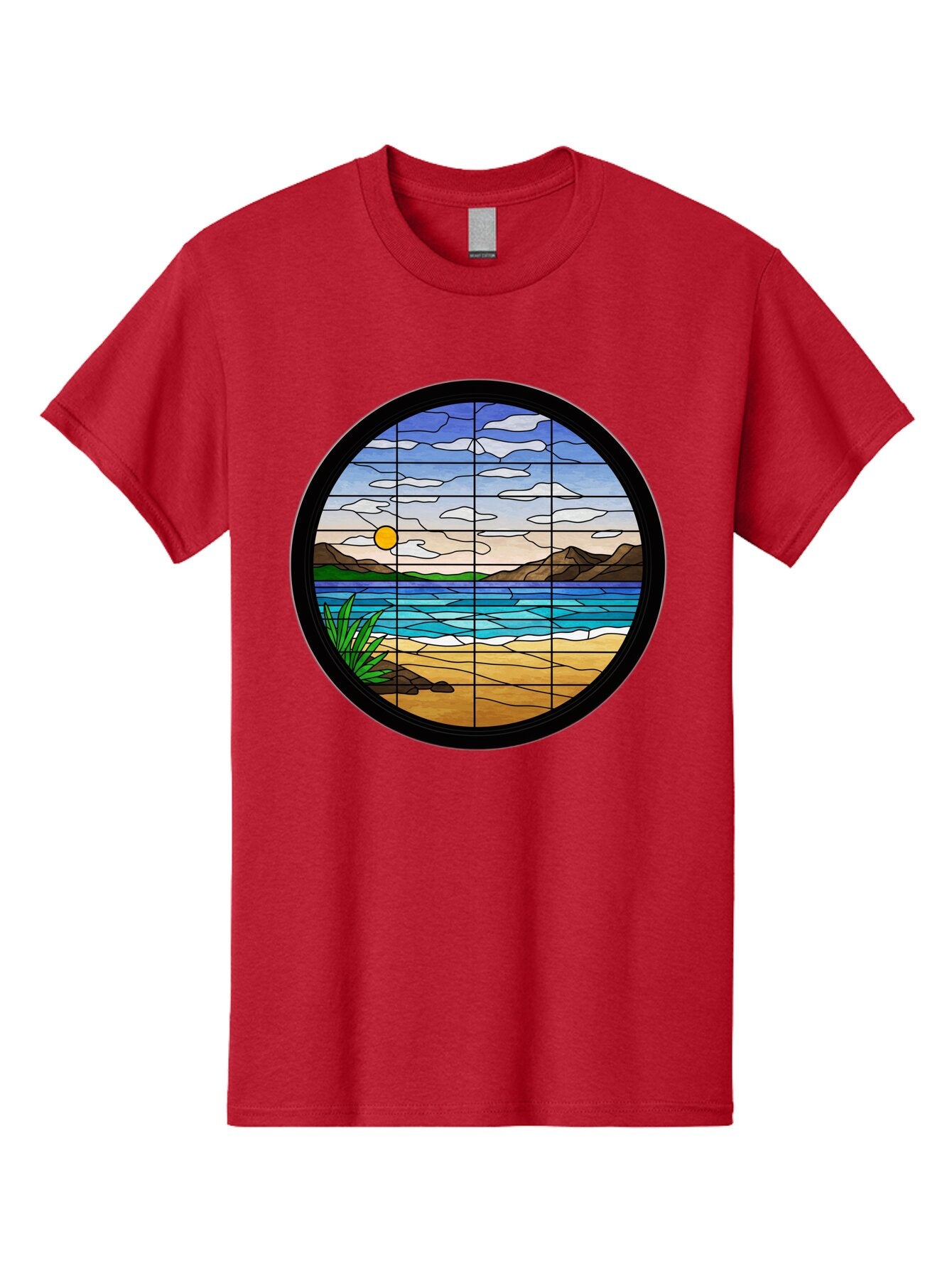 Stained-Glass-Beach-Scene Men'S Graphic Tee, 100% Cotton, Comfortable Casual Summer Wear, Machine Washable, Vintage Camera, Old Camera, Antique Camera, Black Camera, Classic Photography, Photography Equipment, Nostalgic Device, Film Camera, Baq055 7