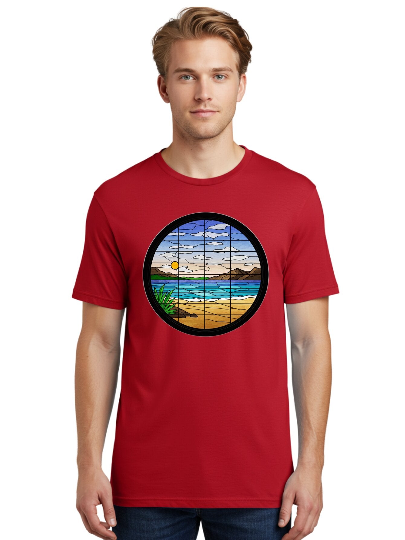 Stained-Glass-Beach-Scene Men'S Graphic Tee, 100% Cotton, Comfortable Casual Summer Wear, Machine Washable, Vintage Camera, Old Camera, Antique Camera, Black Camera, Classic Photography, Photography Equipment, Nostalgic Device, Film Camera, Baq055 16