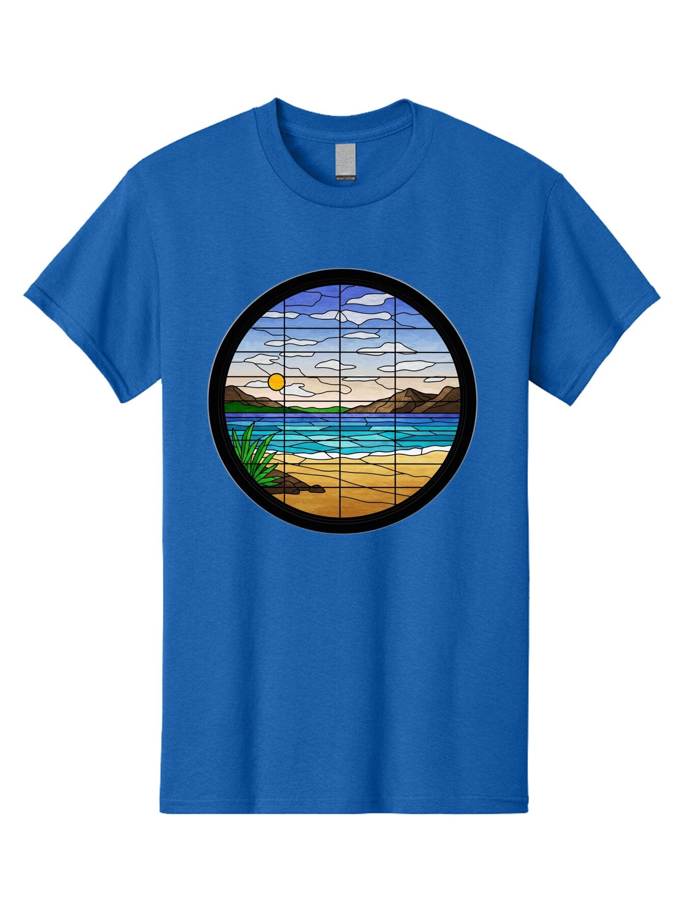 Stained-Glass-Beach-Scene Men'S Graphic Tee, 100% Cotton, Comfortable Casual Summer Wear, Machine Washable, Vintage Camera, Old Camera, Antique Camera, Black Camera, Classic Photography, Photography Equipment, Nostalgic Device, Film Camera, Baq055 2