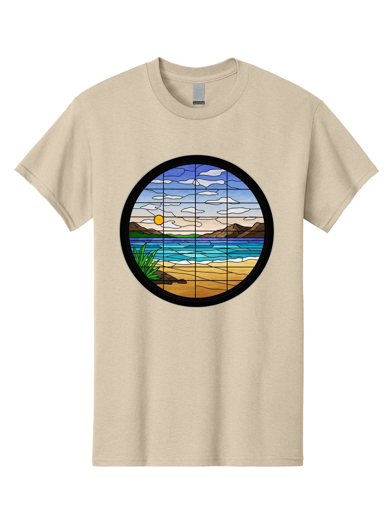 Stained-Glass-Beach-Scene Men'S Graphic Tee, 100% Cotton, Comfortable Casual Summer Wear, Machine Washable, Vintage Camera, Old Camera, Antique Camera, Black Camera, Classic Photography, Photography Equipment, Nostalgic Device, Film Camera, Baq055 4
