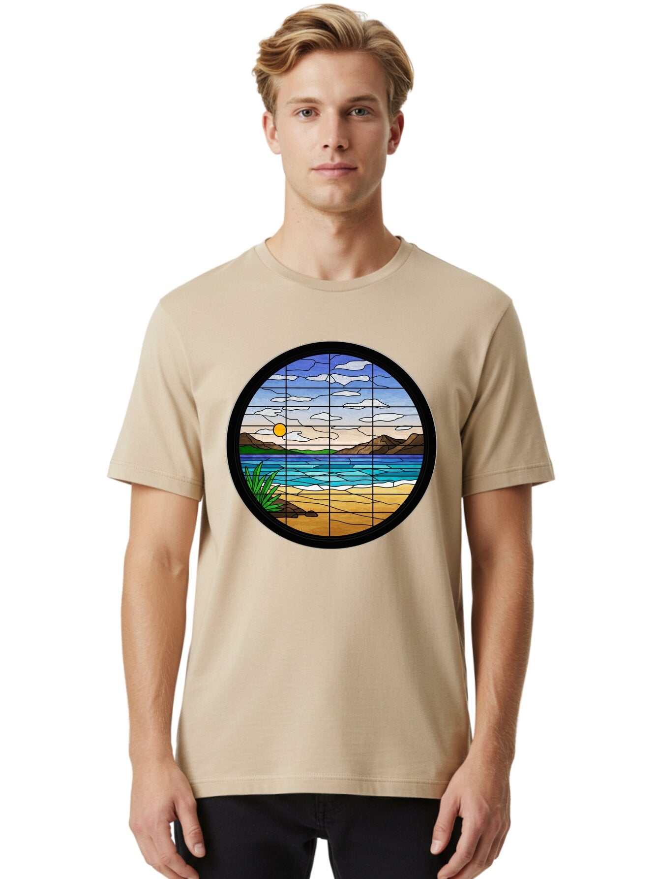 Stained-Glass-Beach-Scene Men'S Graphic Tee, 100% Cotton, Comfortable Casual Summer Wear, Machine Washable, Vintage Camera, Old Camera, Antique Camera, Black Camera, Classic Photography, Photography Equipment, Nostalgic Device, Film Camera, Baq055 18