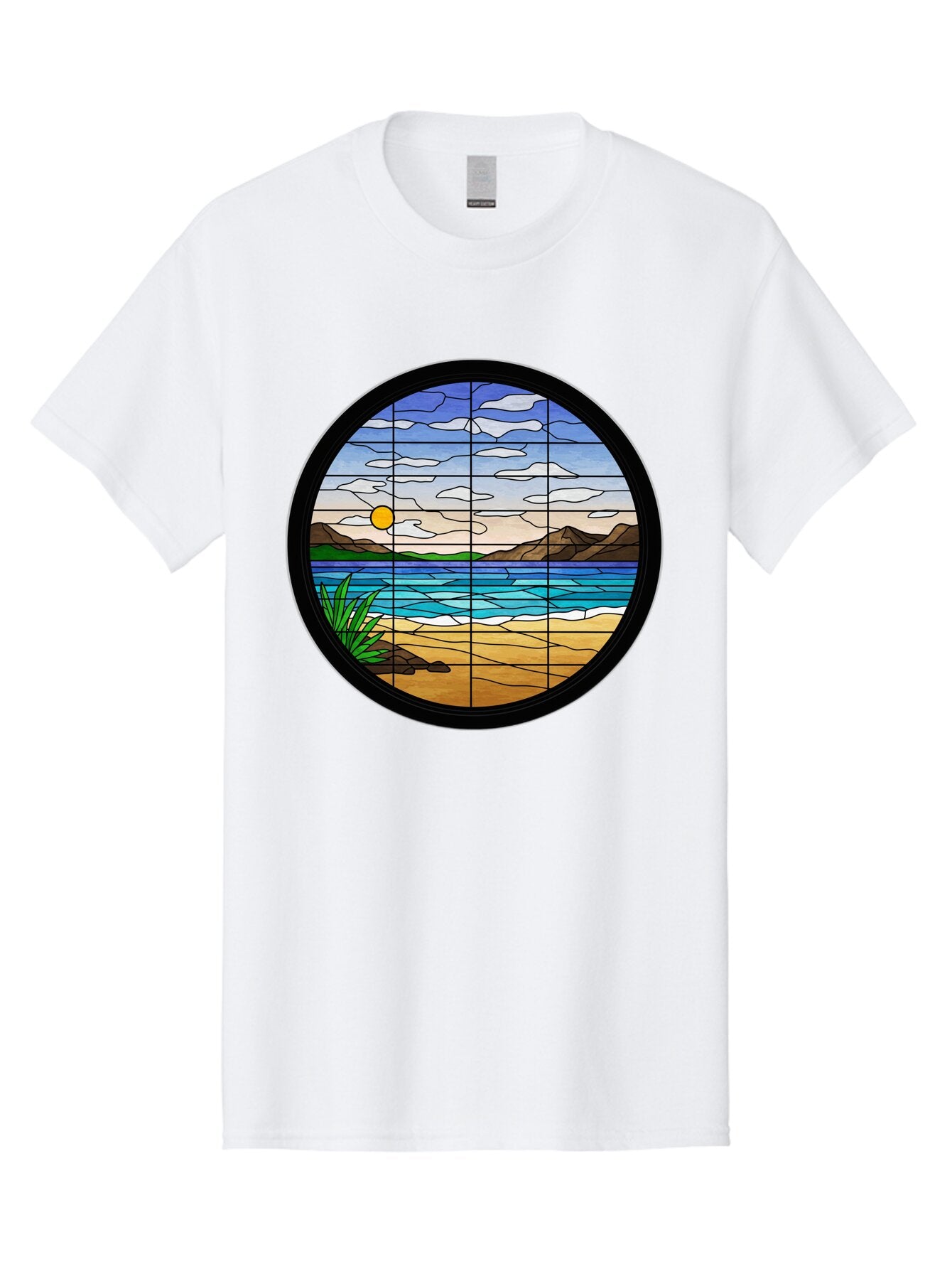 Stained-Glass-Beach-Scene Men'S Graphic Tee, 100% Cotton, Comfortable Casual Summer Wear, Machine Washable, Vintage Camera, Old Camera, Antique Camera, Black Camera, Classic Photography, Photography Equipment, Nostalgic Device, Film Camera, Baq055 15