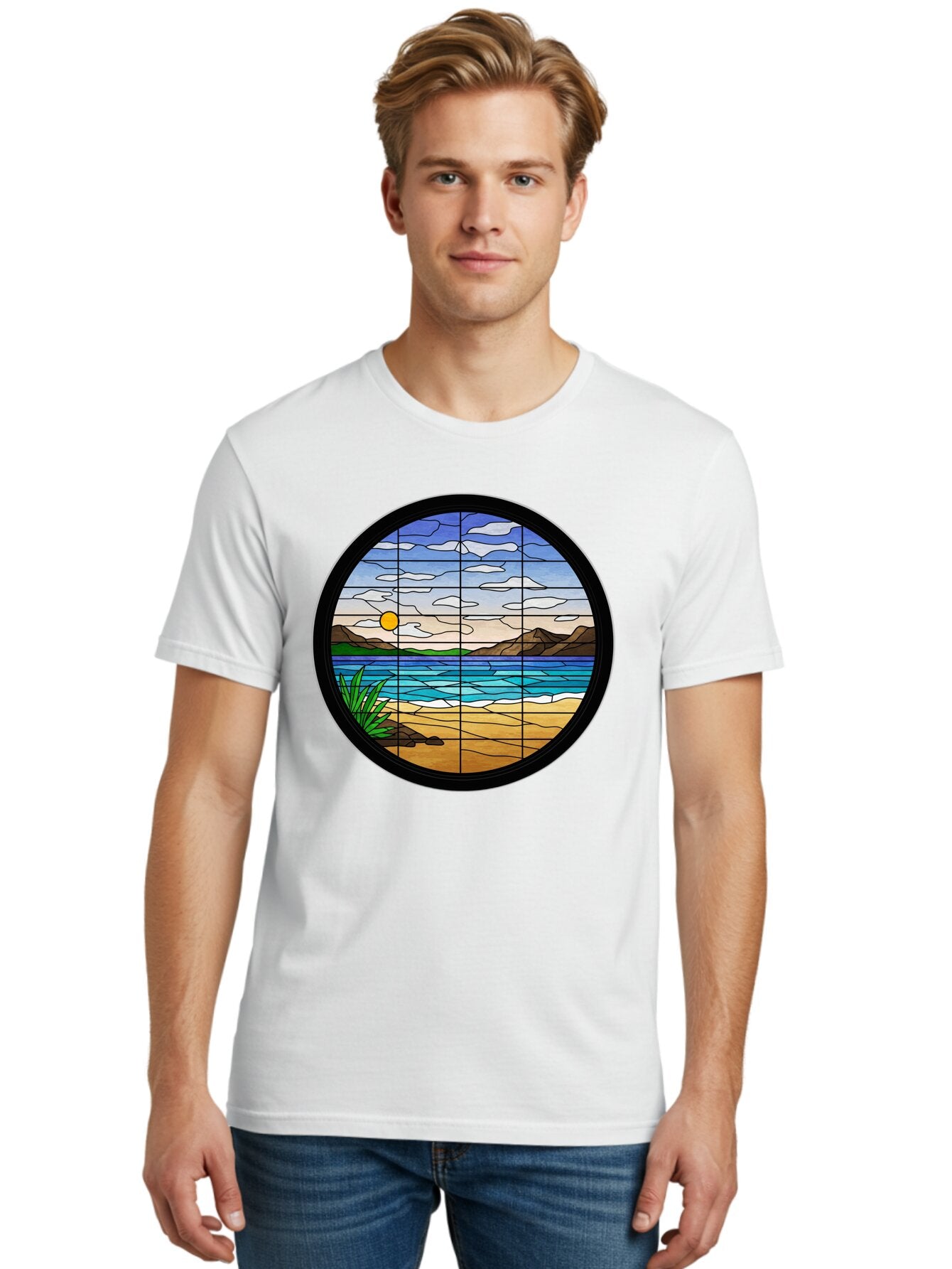 Stained-Glass-Beach-Scene Men'S Graphic Tee, 100% Cotton, Comfortable Casual Summer Wear, Machine Washable, Vintage Camera, Old Camera, Antique Camera, Black Camera, Classic Photography, Photography Equipment, Nostalgic Device, Film Camera, Baq055 30