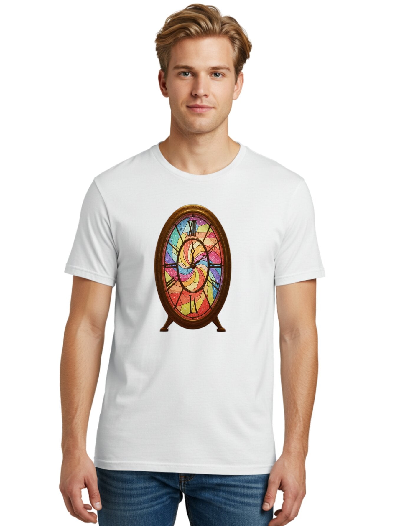Stained-Glass-Clock Men'S Graphic Tee, 100% Cotton, Comfortable Casual Summer Wear, Machine Washable, Vintage Camera, Old Camera, Antique Camera, Black Camera, Classic Photography, Photography Equipment, Nostalgic Device, Film Camera, Baq057 25