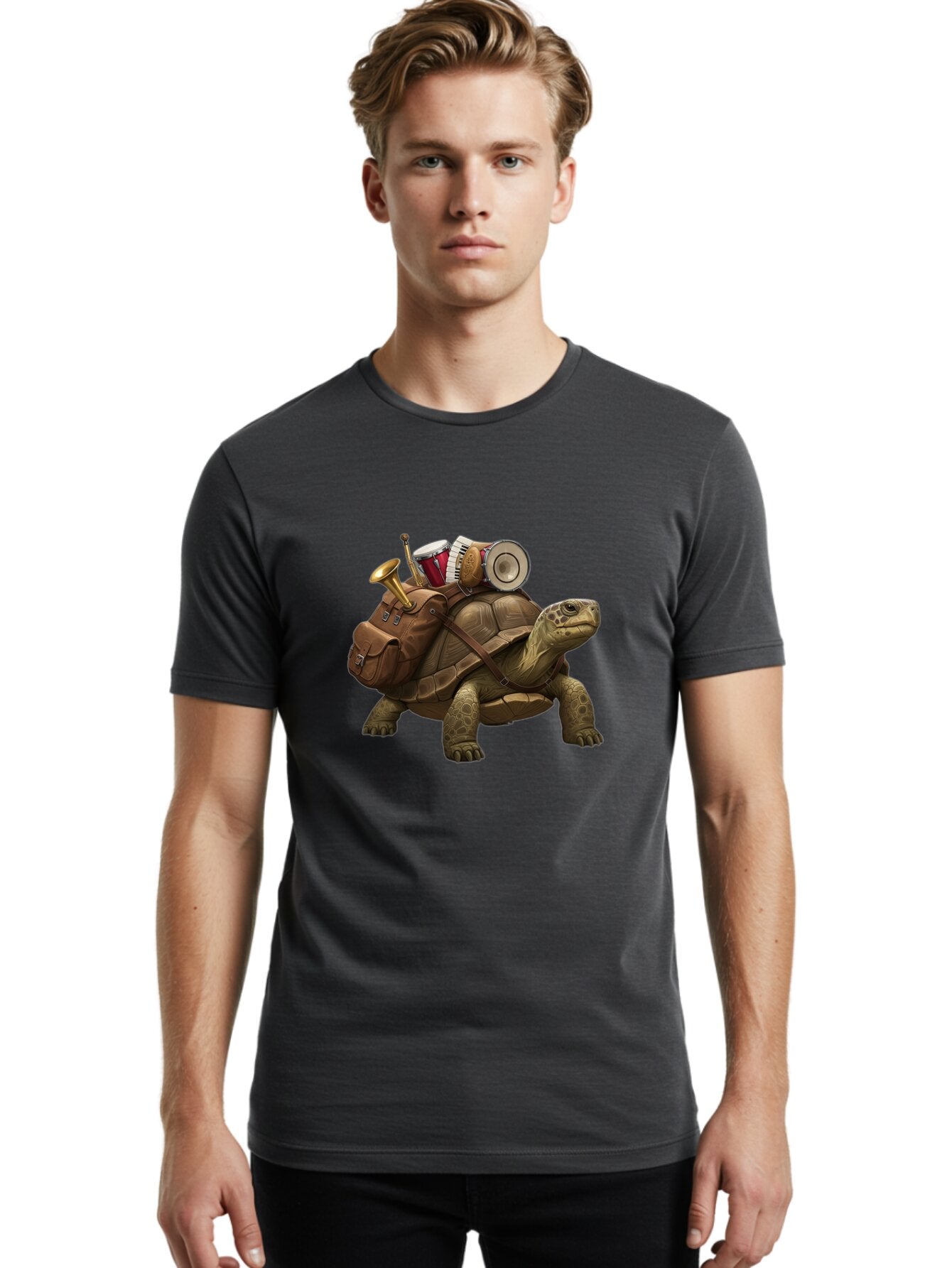 Tortoise-With-Backpack-And-Drums Men'S Graphic Tee, 100% Cotton, Comfortable Casual Summer Wear, Machine Washable, Vintage Camera, Old Camera, Antique Camera, Black Camera, Classic Photography, Photography Equipment, Nostalgic Device, Baq146 17
