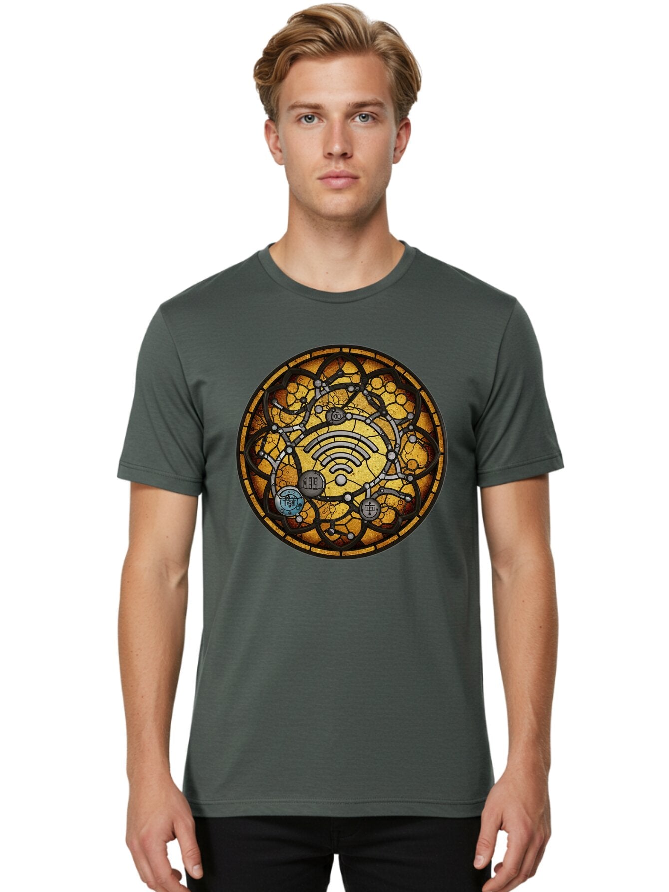 Wifi-Stained-Glass Men'S Graphic Tee, 100% Cotton, Comfortable Casual Summer Wear, Machine Washable, Vintage Camera, Old Camera, Antique Camera, Black Camera, Classic Photography, Photography Equipment, Nostalgic Device, Film Camera, Baq192 25
