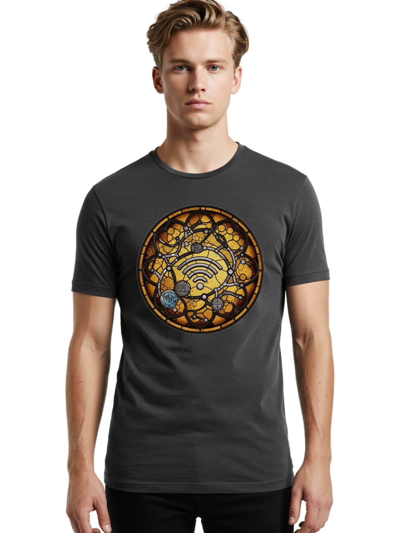 Wifi-Stained-Glass Men'S Graphic Tee, 100% Cotton, Comfortable Casual Summer Wear, Machine Washable, Vintage Camera, Old Camera, Antique Camera, Black Camera, Classic Photography, Photography Equipment, Nostalgic Device, Film Camera, Baq192 21