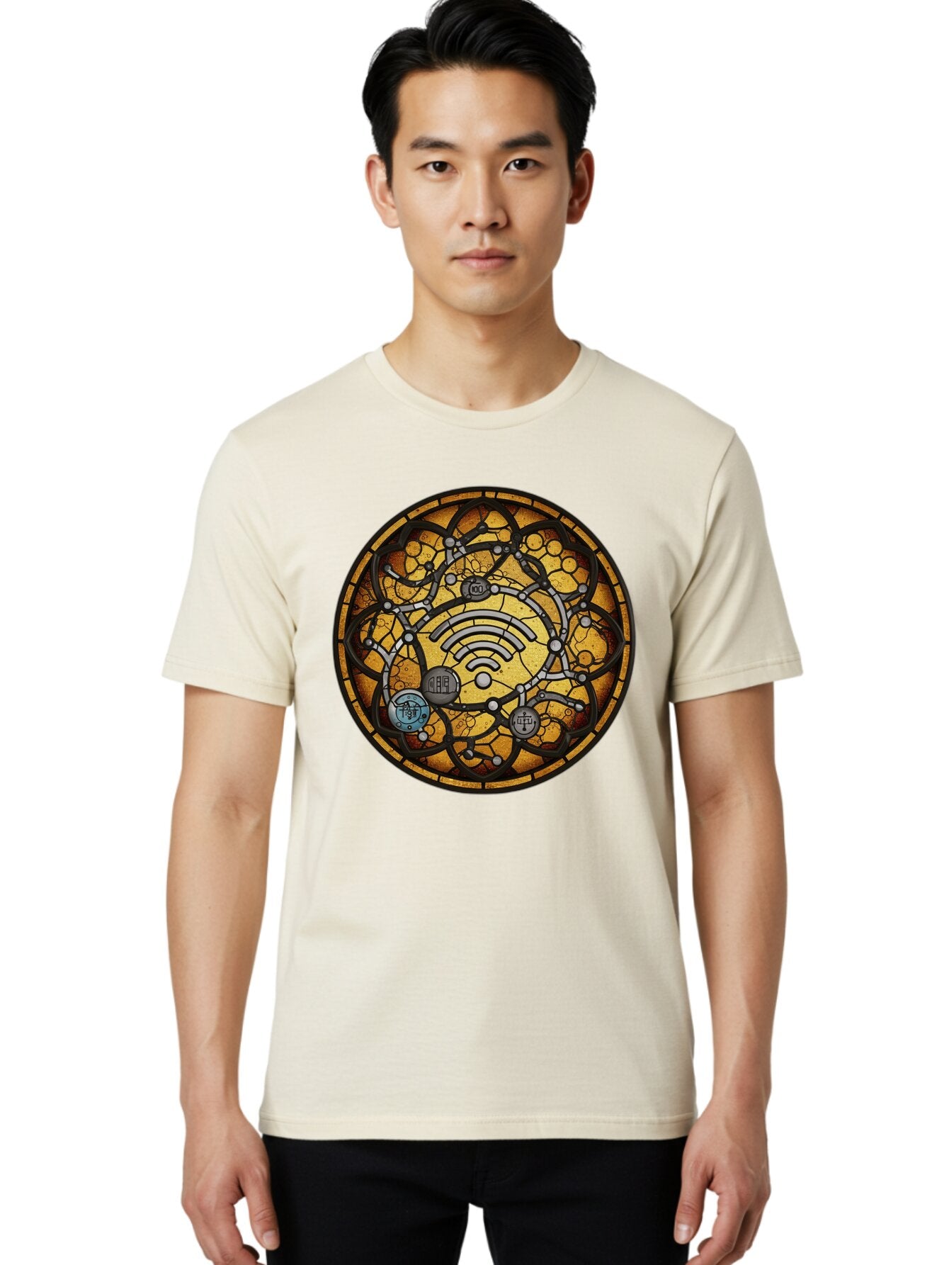 Wifi-Stained-Glass Men'S Graphic Tee, 100% Cotton, Comfortable Casual Summer Wear, Machine Washable, Vintage Camera, Old Camera, Antique Camera, Black Camera, Classic Photography, Photography Equipment, Nostalgic Device, Film Camera, Baq192 23