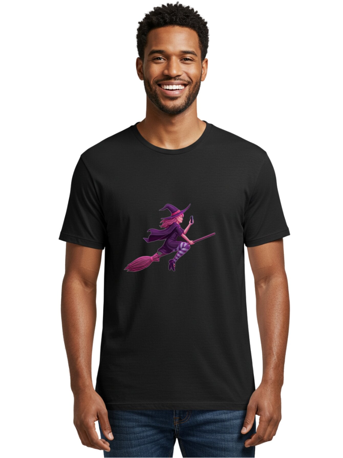 Witch-Flying-With-Phone Men'S Graphic Tee, 100% Cotton, Comfortable Casual Summer Wear, Machine Washable, Vintage Camera, Old Camera, Antique Camera, Black Camera, Classic Photography, Photography Equipment, Nostalgic Device, Film Camera, Baq207 17