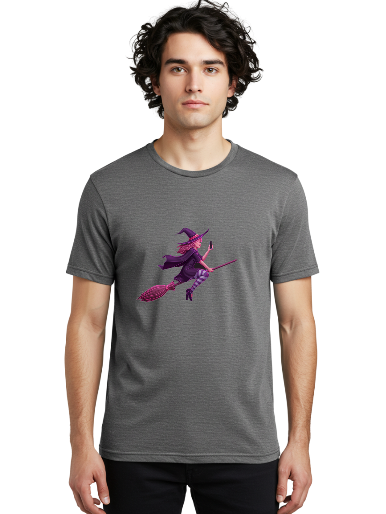 Witch-Flying-With-Phone Men'S Graphic Tee, 100% Cotton, Comfortable Casual Summer Wear, Machine Washable, Vintage Camera, Old Camera, Antique Camera, Black Camera, Classic Photography, Photography Equipment, Nostalgic Device, Film Camera, Baq207 24
