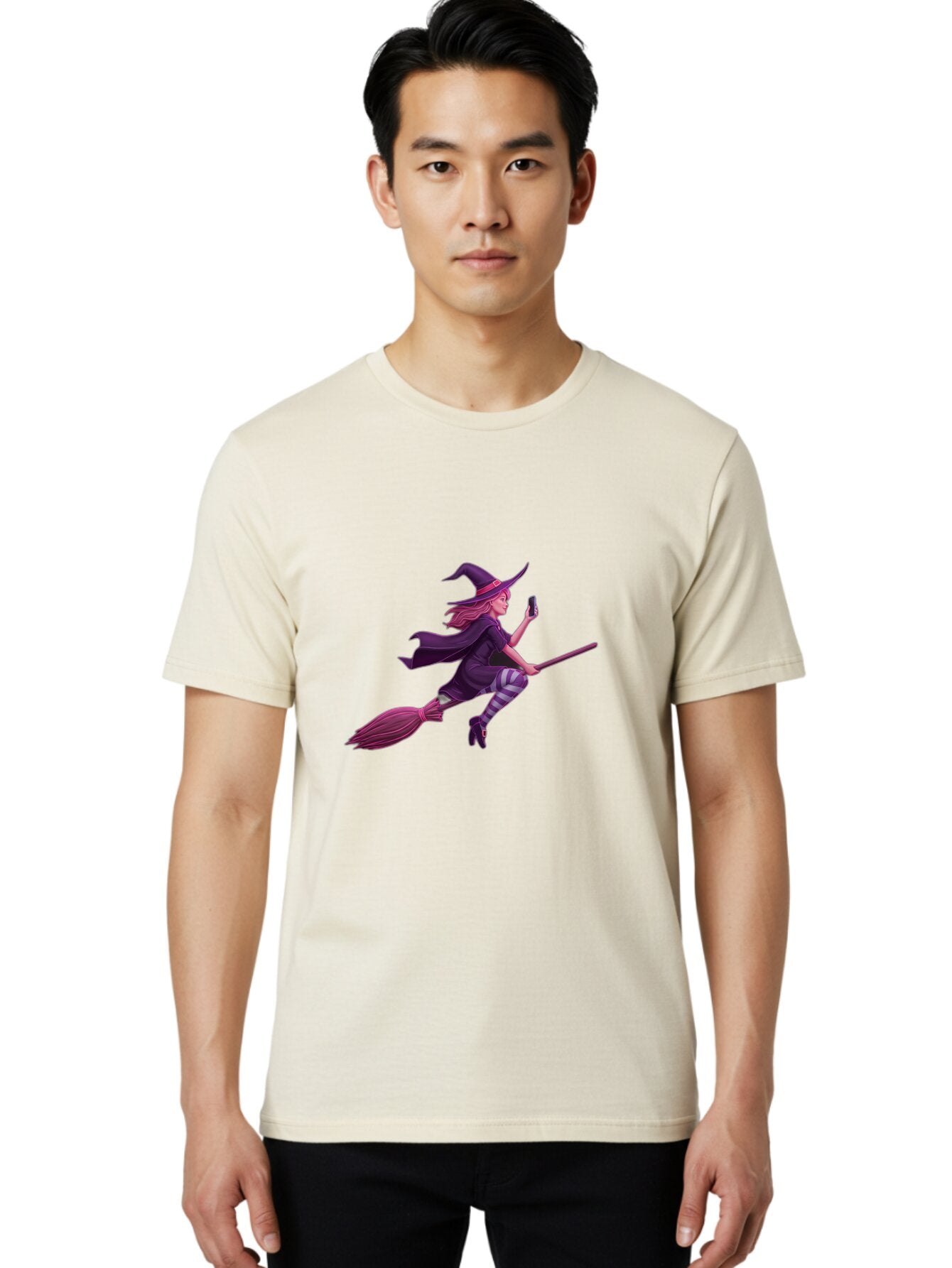 Witch-Flying-With-Phone Men'S Graphic Tee, 100% Cotton, Comfortable Casual Summer Wear, Machine Washable, Vintage Camera, Old Camera, Antique Camera, Black Camera, Classic Photography, Photography Equipment, Nostalgic Device, Film Camera, Baq207 23