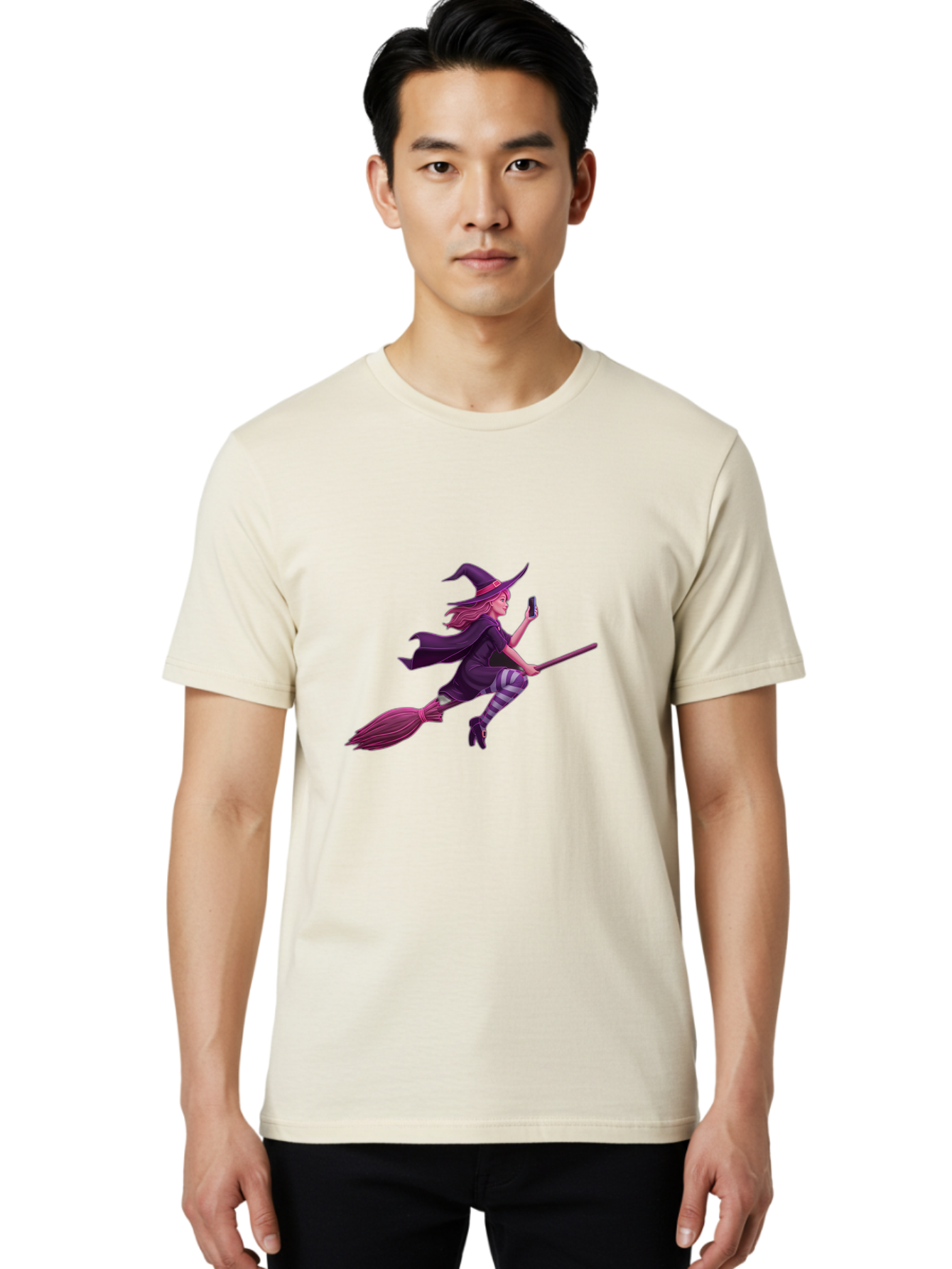 Witch-Flying-With-Phone Men'S Graphic Tee, 100% Cotton, Comfortable Casual Summer Wear, Machine Washable, Vintage Camera, Old Camera, Antique Camera, Black Camera, Classic Photography, Photography Equipment, Nostalgic Device, Film Camera, Baq207 25