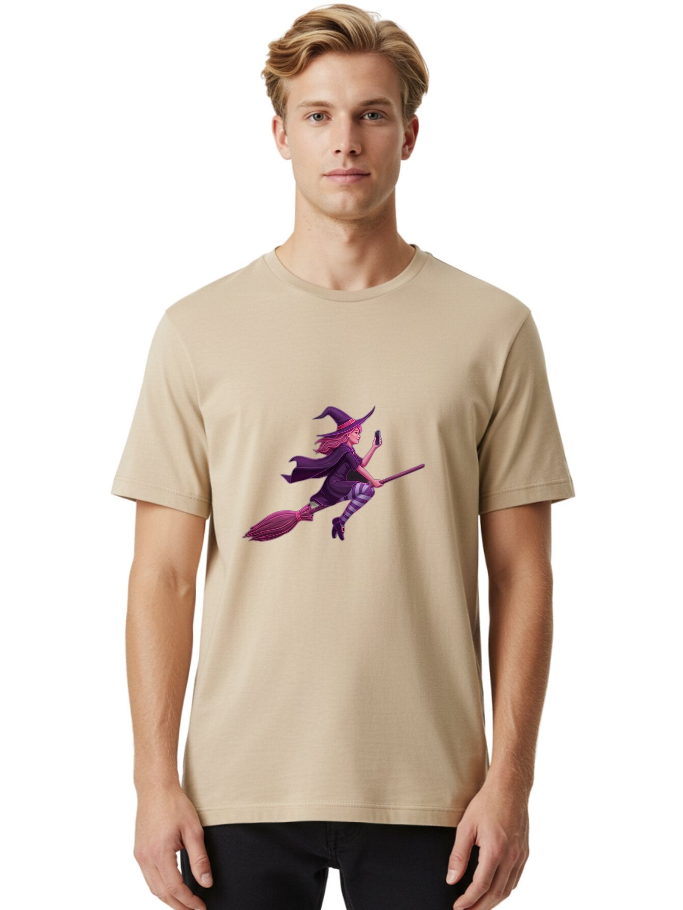 Witch-Flying-With-Phone Men'S Graphic Tee, 100% Cotton, Comfortable Casual Summer Wear, Machine Washable, Vintage Camera, Old Camera, Antique Camera, Black Camera, Classic Photography, Photography Equipment, Nostalgic Device, Film Camera, Baq207 19