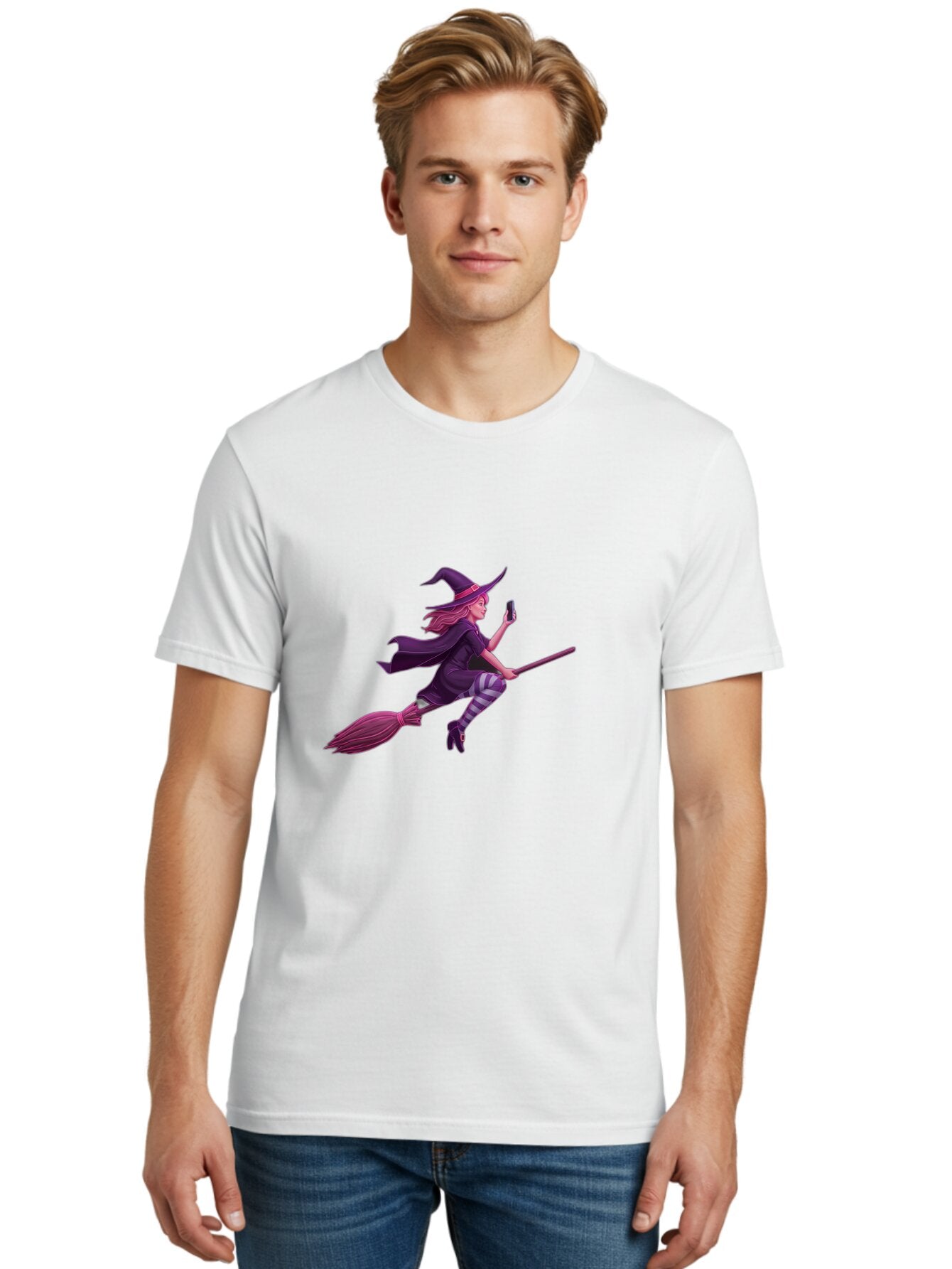 Witch-Flying-With-Phone Men'S Graphic Tee, 100% Cotton, Comfortable Casual Summer Wear, Machine Washable, Vintage Camera, Old Camera, Antique Camera, Black Camera, Classic Photography, Photography Equipment, Nostalgic Device, Film Camera, Baq207 21