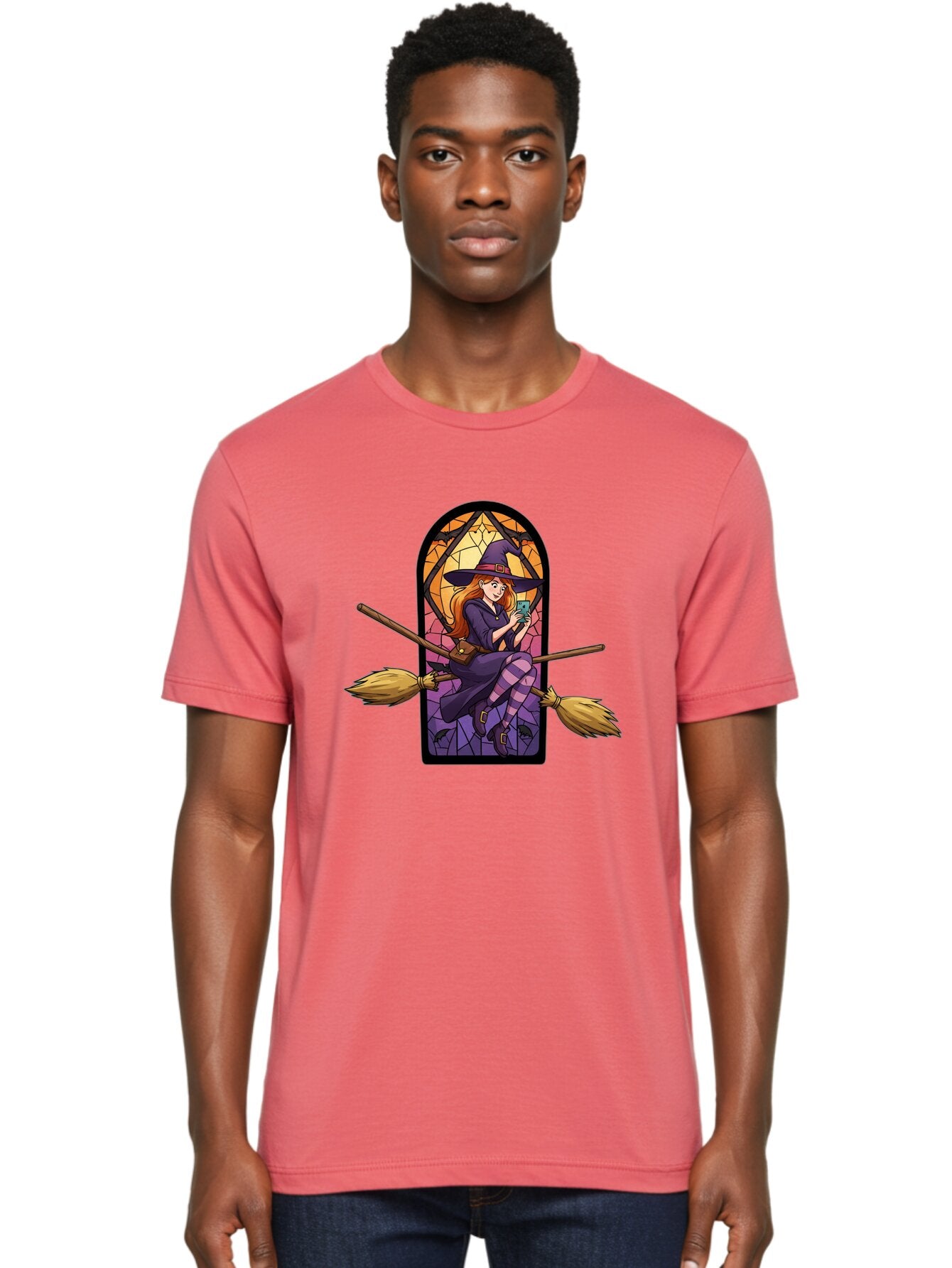 Witch-On-Broomstick-With-Smartphone Men'S Graphic Tee, 100% Cotton, Comfortable Casual Summer Wear, Machine Washable, Vintage Camera, Old Camera, Antique Camera, Black Camera, Classic Photography, Photography Equipment, Nostalgic Device, Baq212 24