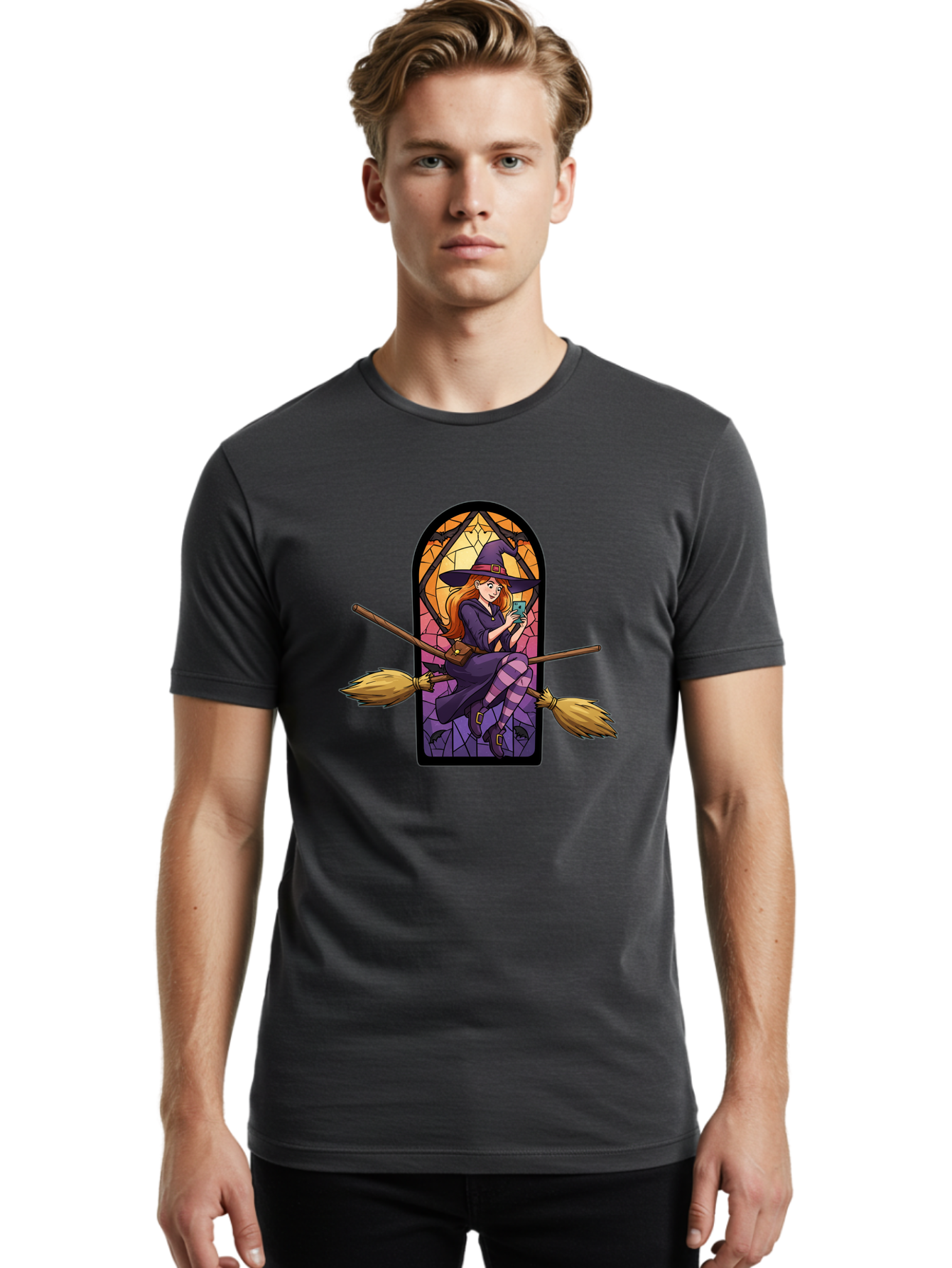 Witch-On-Broomstick-With-Smartphone Men'S Graphic Tee, 100% Cotton, Comfortable Casual Summer Wear, Machine Washable, Vintage Camera, Old Camera, Antique Camera, Black Camera, Classic Photography, Photography Equipment, Nostalgic Device, Baq212 26
