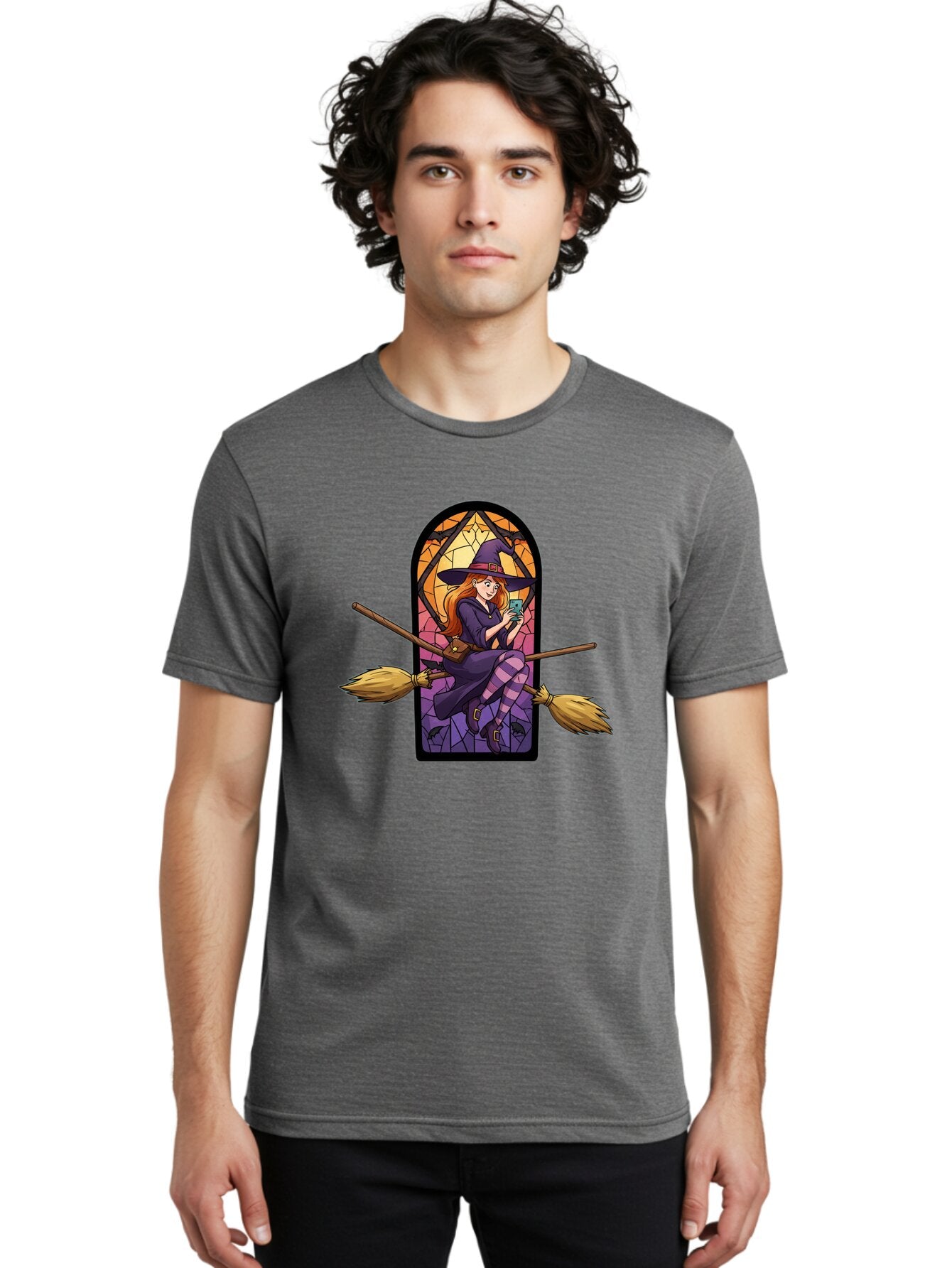Witch-On-Broomstick-With-Smartphone Men'S Graphic Tee, 100% Cotton, Comfortable Casual Summer Wear, Machine Washable, Vintage Camera, Old Camera, Antique Camera, Black Camera, Classic Photography, Photography Equipment, Nostalgic Device, Baq212 29