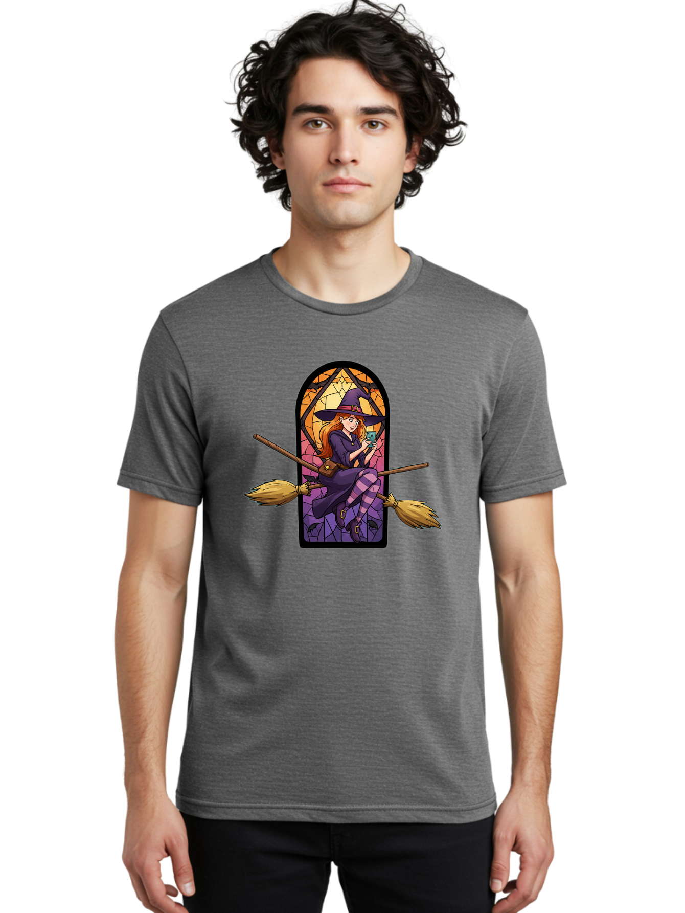 Witch-On-Broomstick-With-Smartphone Men'S Graphic Tee, 100% Cotton, Comfortable Casual Summer Wear, Machine Washable, Vintage Camera, Old Camera, Antique Camera, Black Camera, Classic Photography, Photography Equipment, Nostalgic Device, Baq212 22