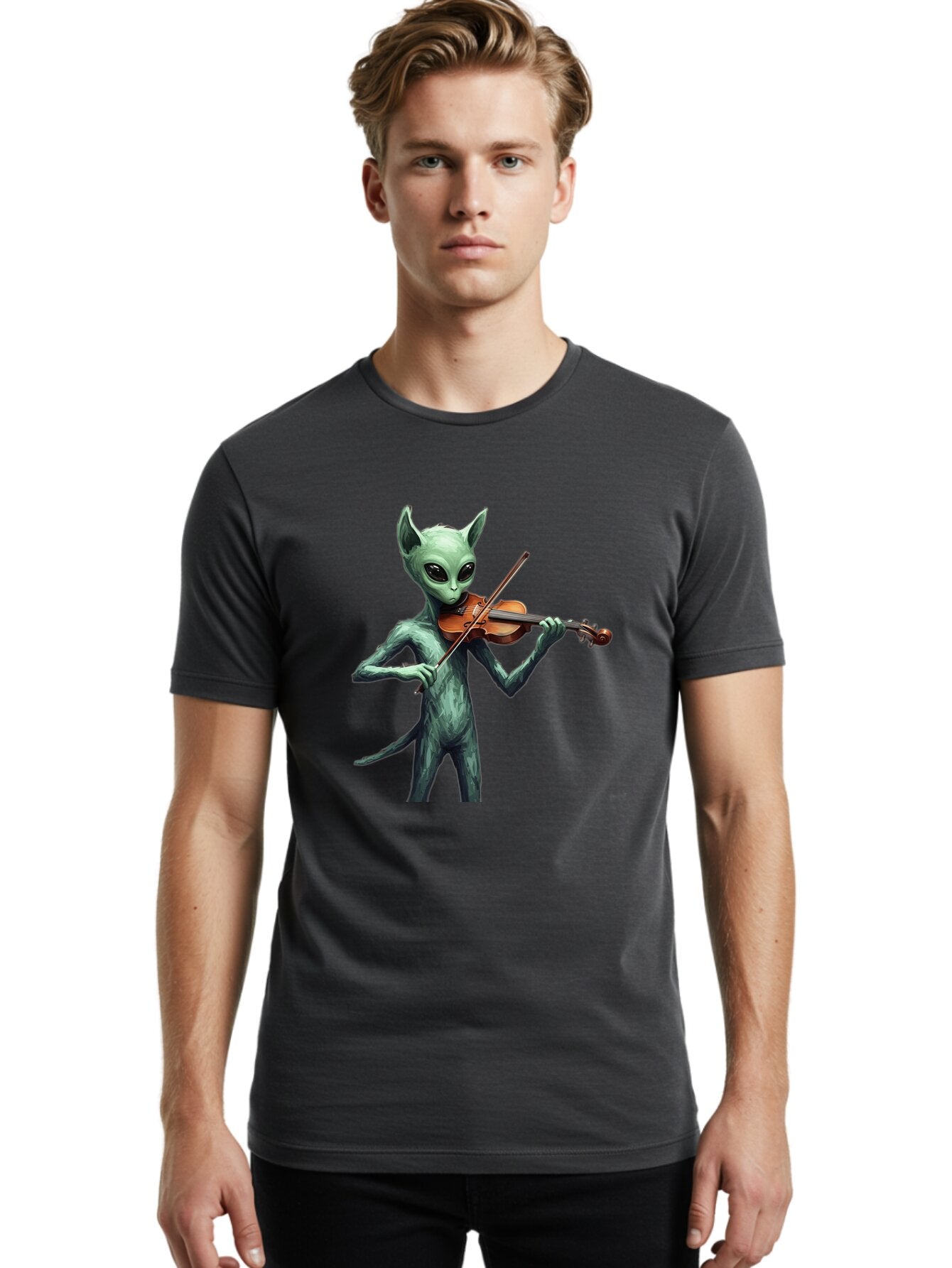 Alien-Playing-Violin-1 Men'S Graphic Tee, 100% Cotton, Comfortable Casual Summer Wear, Machine Washable, Vintage Camera, Old Camera, Antique Camera, Black Camera, Classic Photography, Photography Equipment, Nostalgic Device, Film Camera, Baq260 25