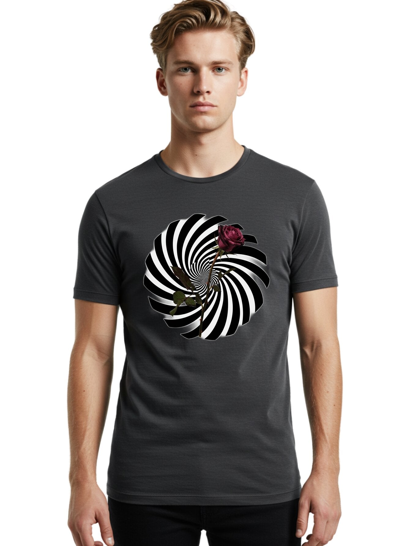 Black-And-White-Swirl-With-Rose Men'S Graphic Tee, 100% Cotton, Comfortable Casual Summer Wear, Machine Washable, Vintage Camera, Old Camera, Antique Camera, Black Camera, Classic Photography, Photography Equipment, Nostalgic Device, Baq364 23